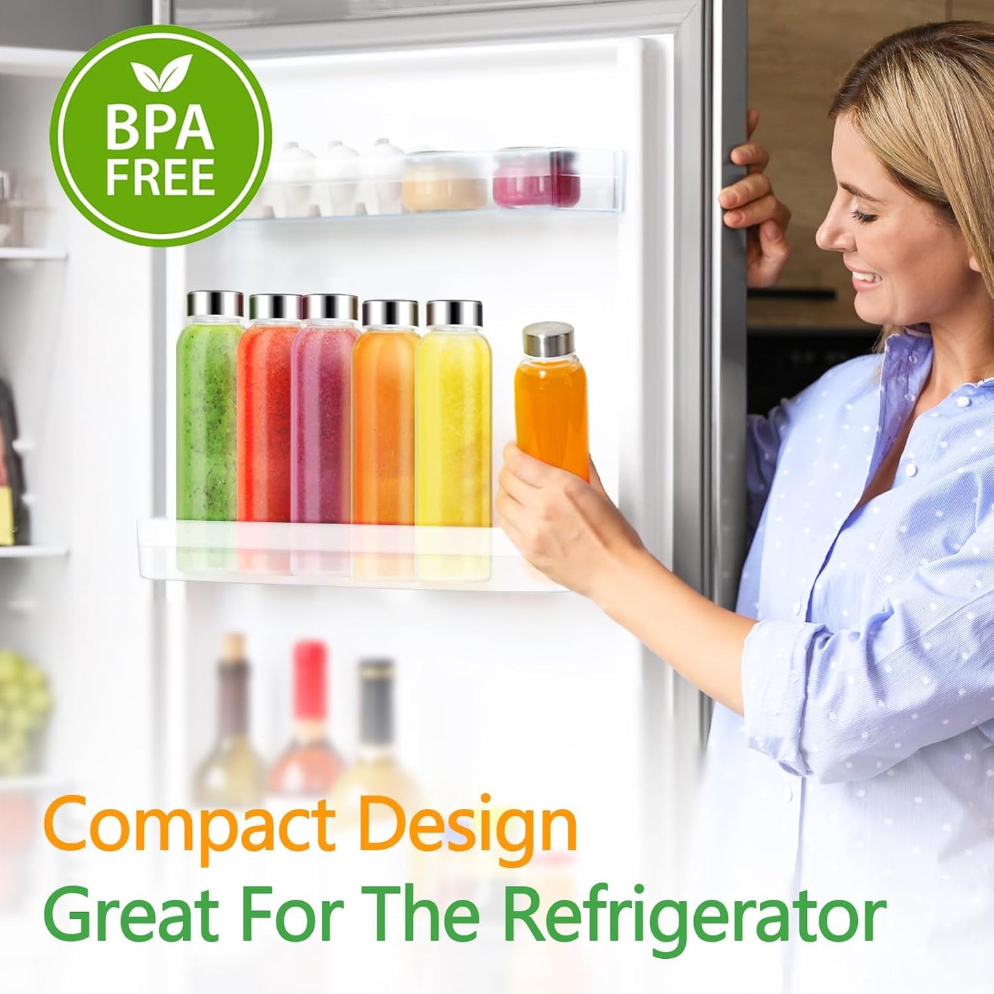 Zukro Glass Water Bottles with Lids 24 oz, 10 Pack Reusable Juice Bottles With Stainless Steel Airtight Cap for Juicing, Leak Proof Clear Drinking Jar Beverage storage container for Fridge, BPA Free