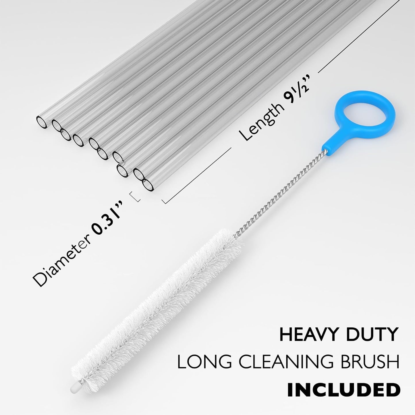 10 Long Clear Straws - Hard Semi-transparent Plastic Reusable Drinking Straws + Sturdy Cleaning Brush - for Tumblers, Mason Jars, Milkshakes and Smoothies - Dishwasher Safe BPA Free