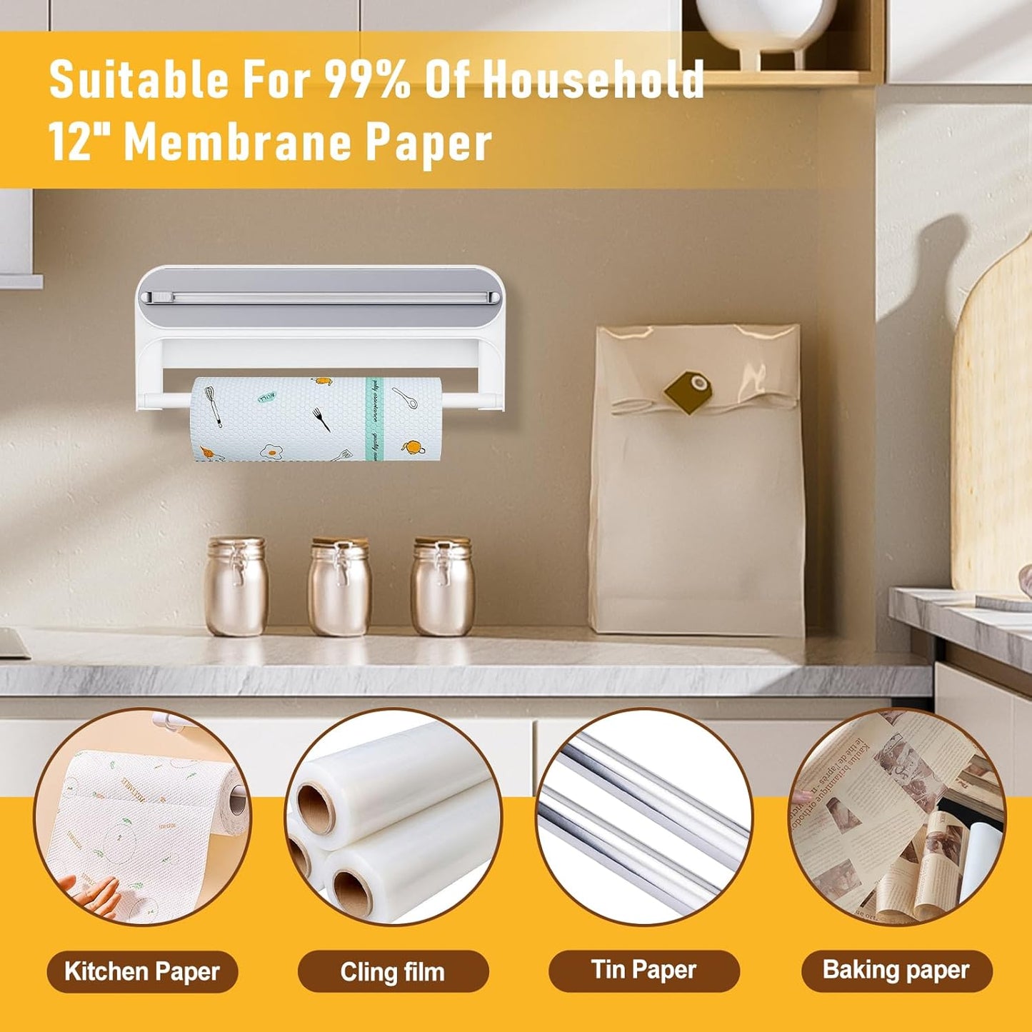 2 in 1 Kitchen Organizer with Cutter, Aluminum Foil & Plastic Wrap Dispenser, Paper Towel Holder