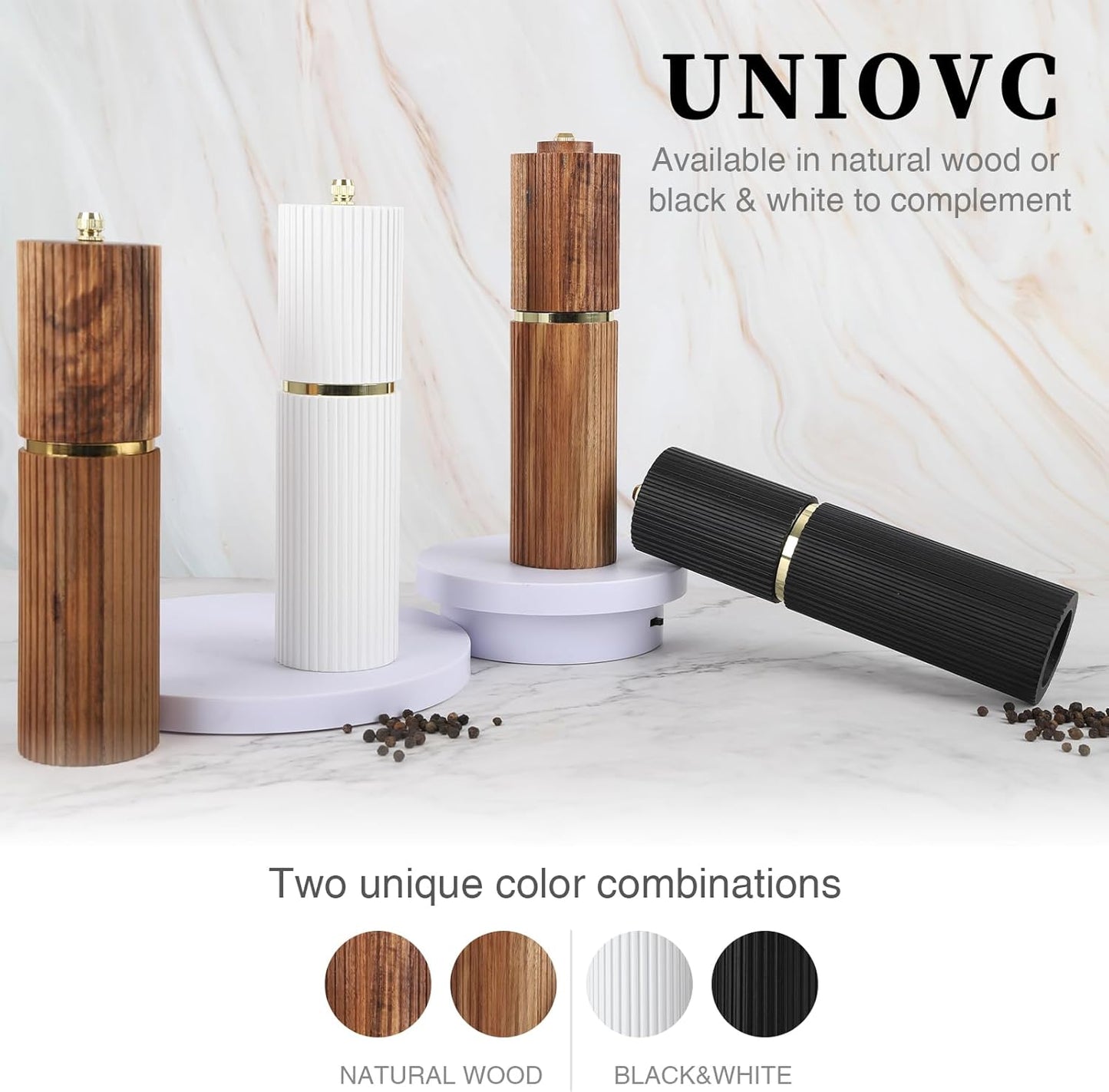Wooden Salt and Pepper Grinder Set with Gold Accents, Refillable Salt and Pepper grinder with adjustable Coarseness, Pepper Mill Manual,Salt and Pepper Shakers With Tray-Ideal for Gifting