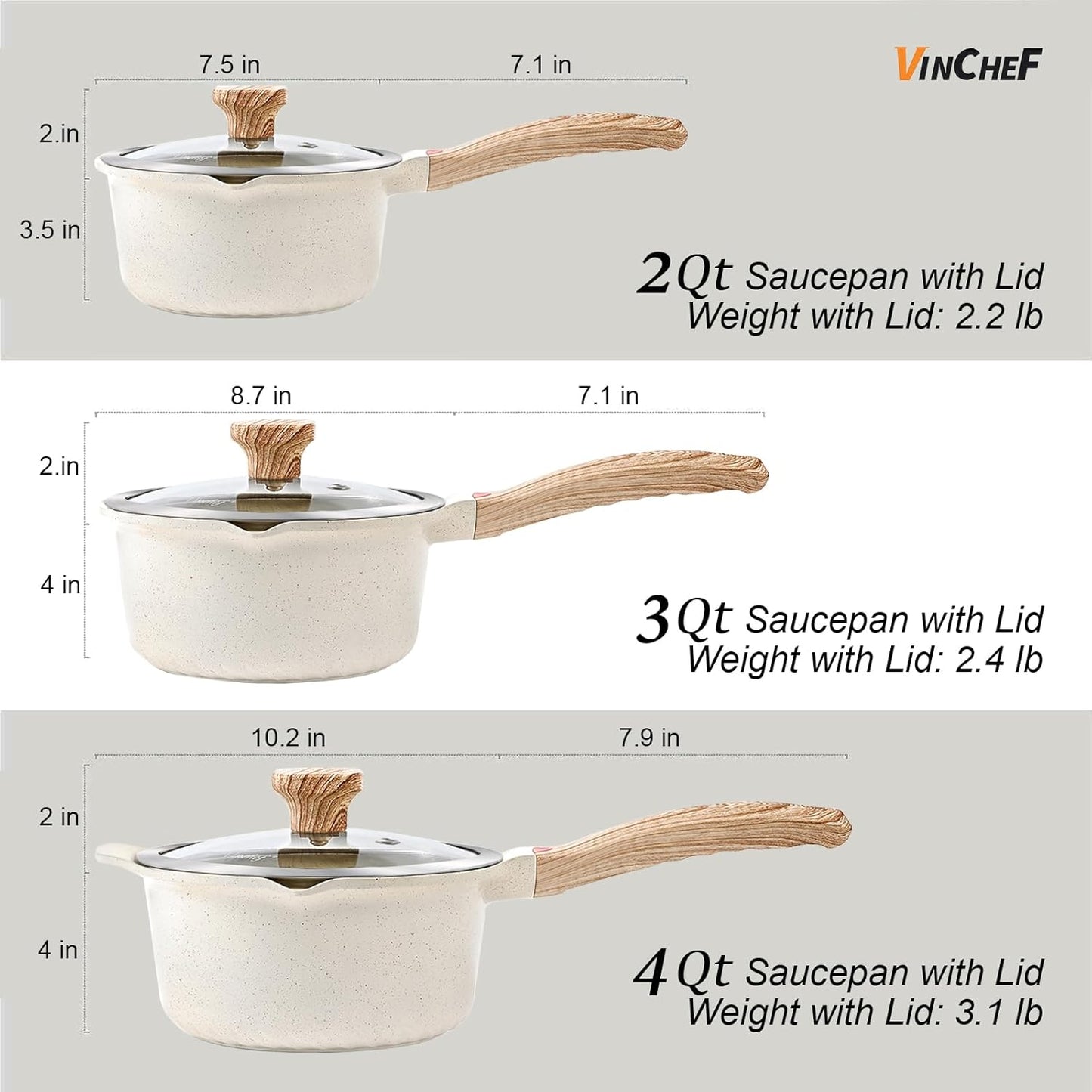VINCHEF Sauce Pan Set with Lid 10PCS, 3 White Non Stick Cooking Pots Induction pot sets, Saucepan Set with Silicone Tools and Pot Protectors, PFAS and PFOA Free (2QT+3QT+4QT)