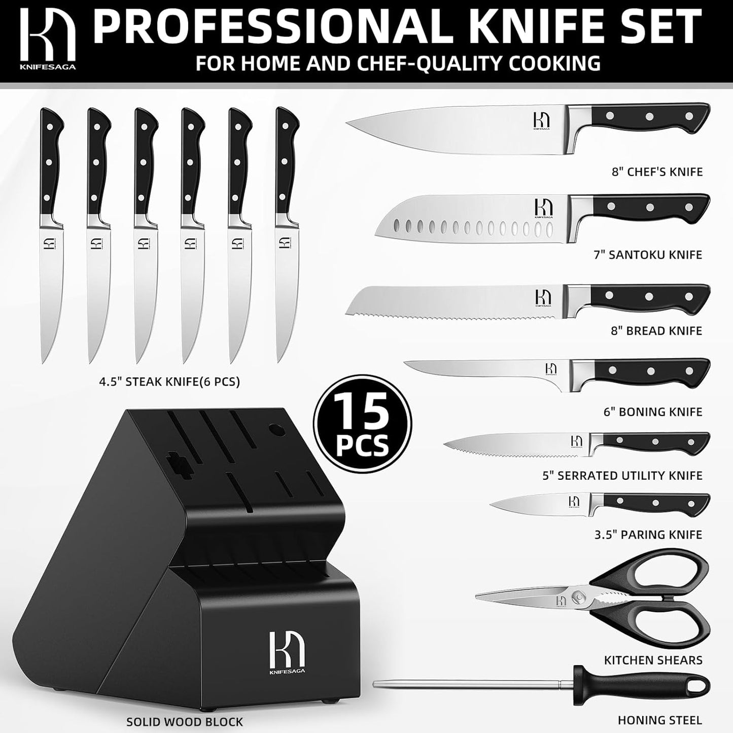 Knife Set, 15 Pcs Kitchen Knife Block Set, Enduring Razor-Sharp Japanese High Carbon Stainless Steel Chef Knife Set with Block and Sharpener, Premium Black Knives Set for Kitchen