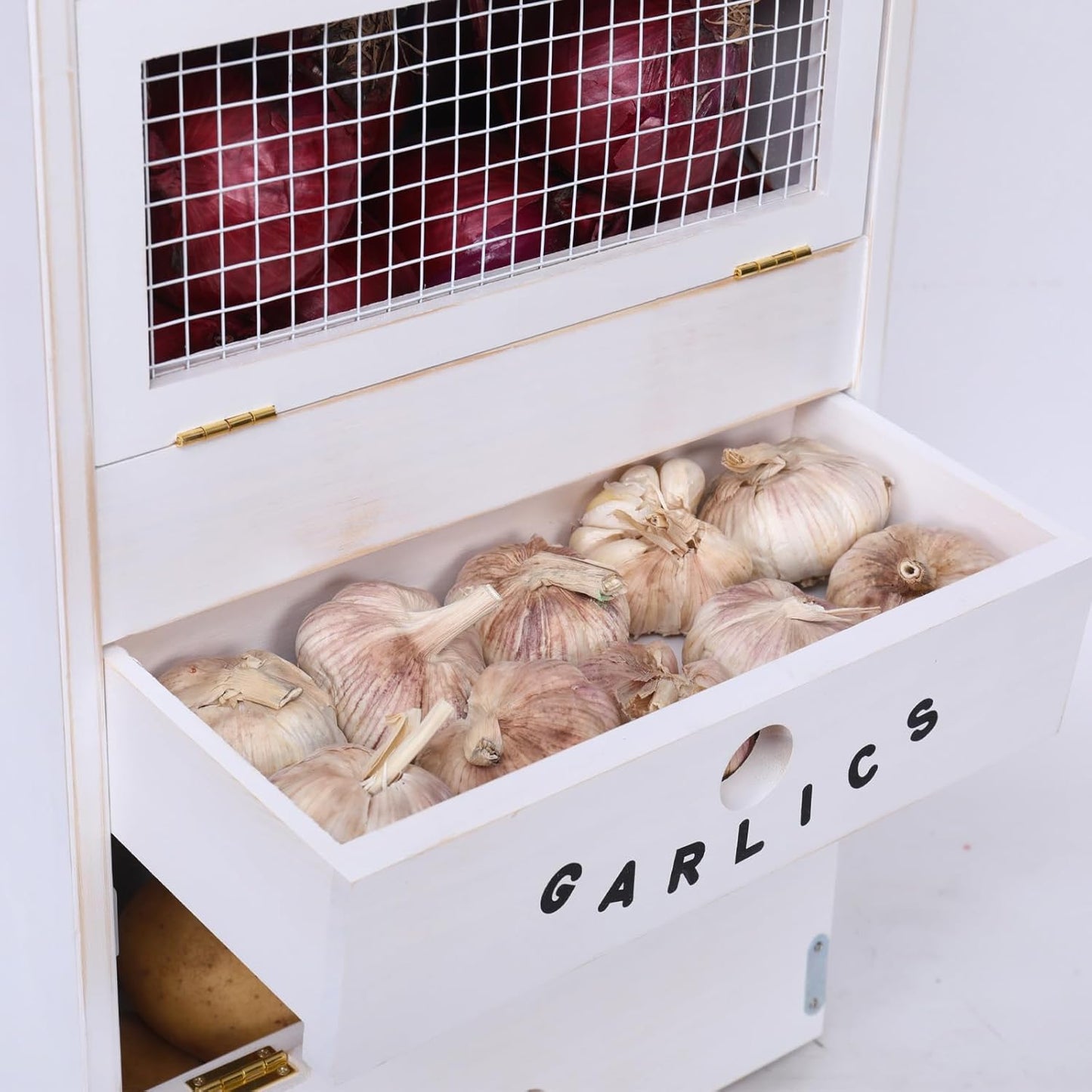 ARTAWEIN Pine Wood Veggie Bin for Potato, Onion and 1 Garlic Drawer Vegetable Box for Kitchen Storage, Solid Wood Vegetable Bin 13.77" L X 7.1" W X 29.3" H (Rustic White)