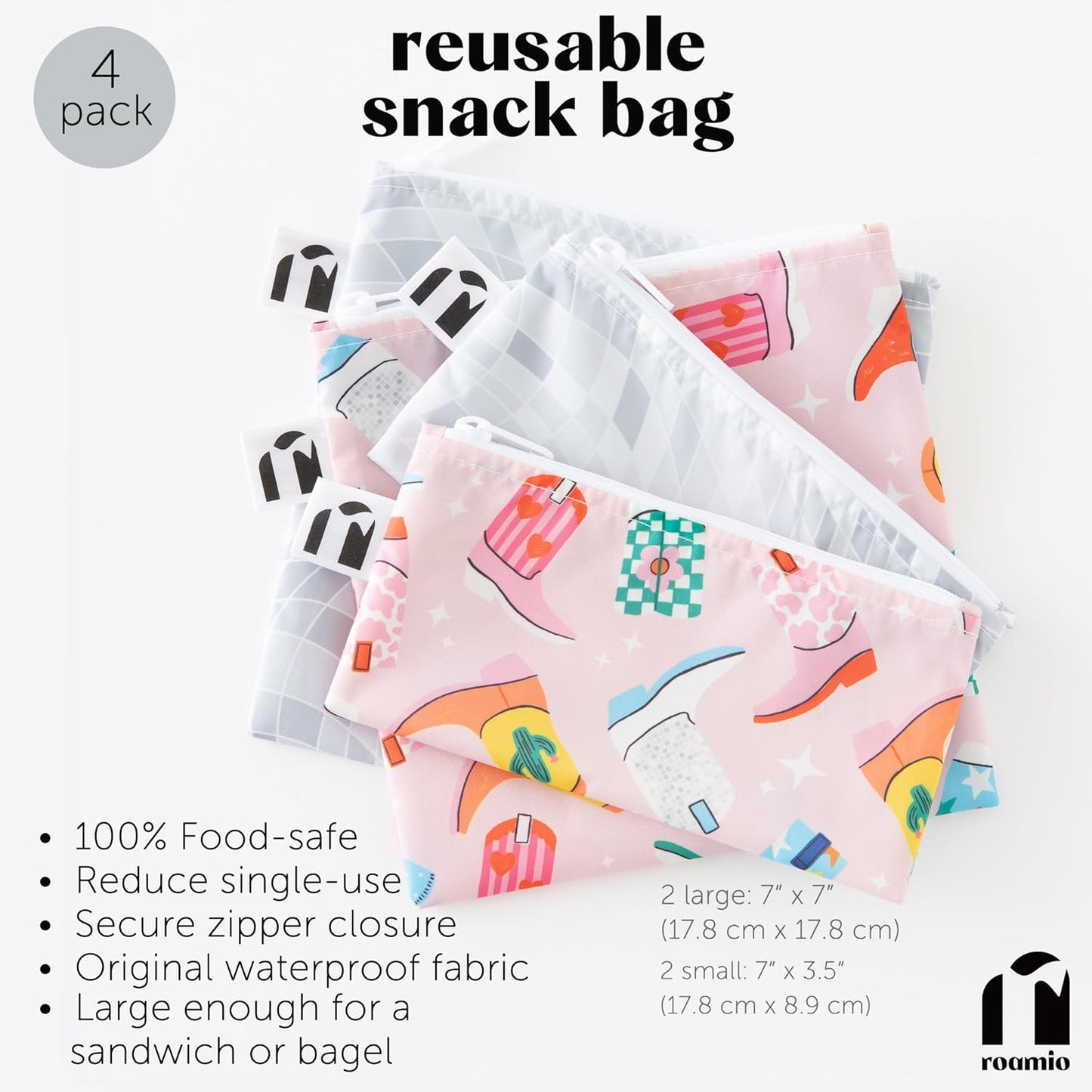 Roamio Reusable Sandwich and Snack Bags, for Kids School Lunch and for Adults Portion, Washable Fabric, Waterproof Cloth Zip Bag, Travel Pouch, Food-Safe Storage, 4-pack Set Cowgirl Boots and Disco