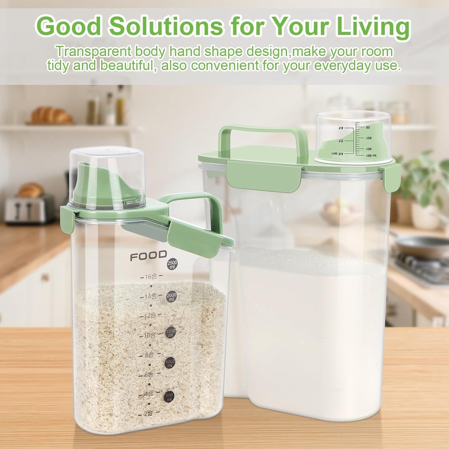 Rice Storage Container, Cereal Containers Storage, Dry Food Airtight Dispenser BPA Free, Clear Plastic Kitchen and Pantry Organization Bin (1, Avocado Green, 5.28Qt)