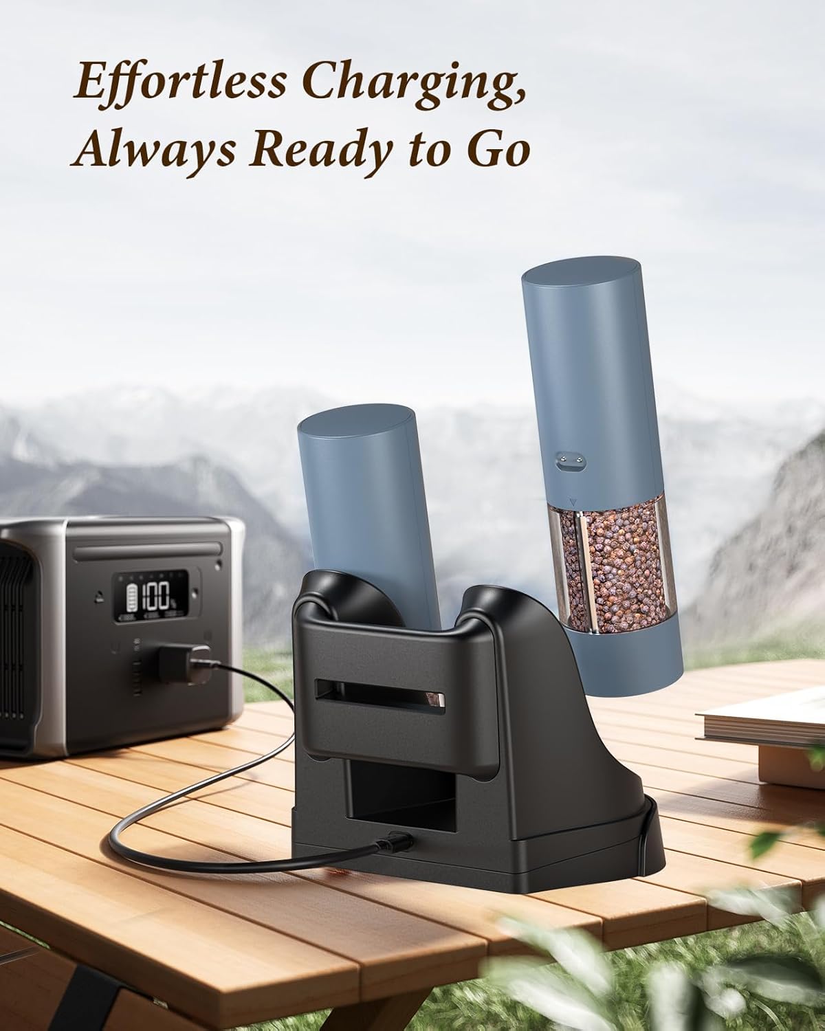 Electric Salt and Pepper Grinder Set - Automatic Refillable Salt and Pepper Grinders with Charging Base & LED Light, 6-Level Adjustable Coarseness with External Dial, Ideal Kitchen Gadget,Blue