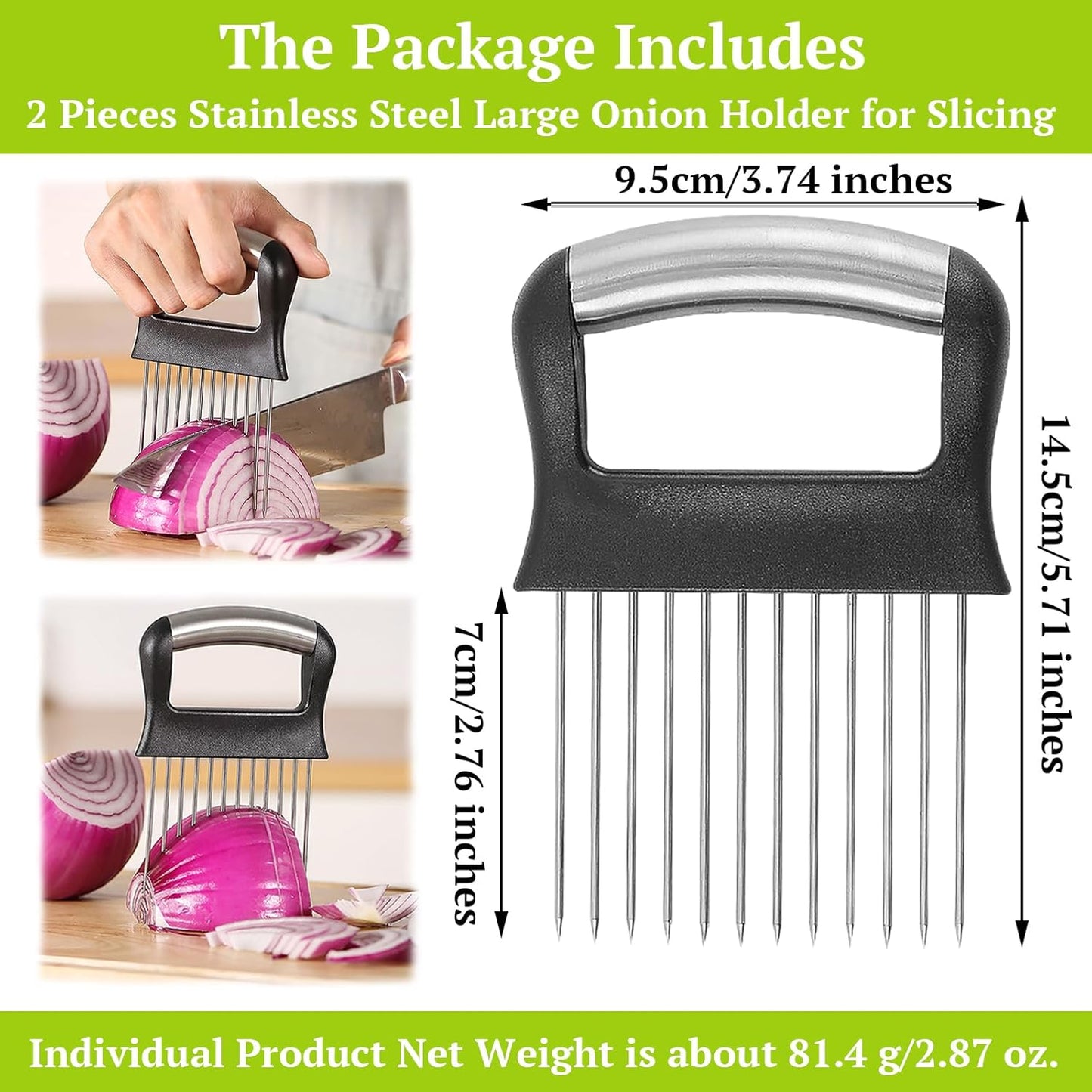 Suuker Onion Holder for Slicing, 2 Pieces Large Onion Cutter Vegetable Chopper, Stainless Steel Tomato Slicer for Potato Lemon, Meat Tenderizer Tool, Kitchen Food Slicer Guide for Neat Slicing