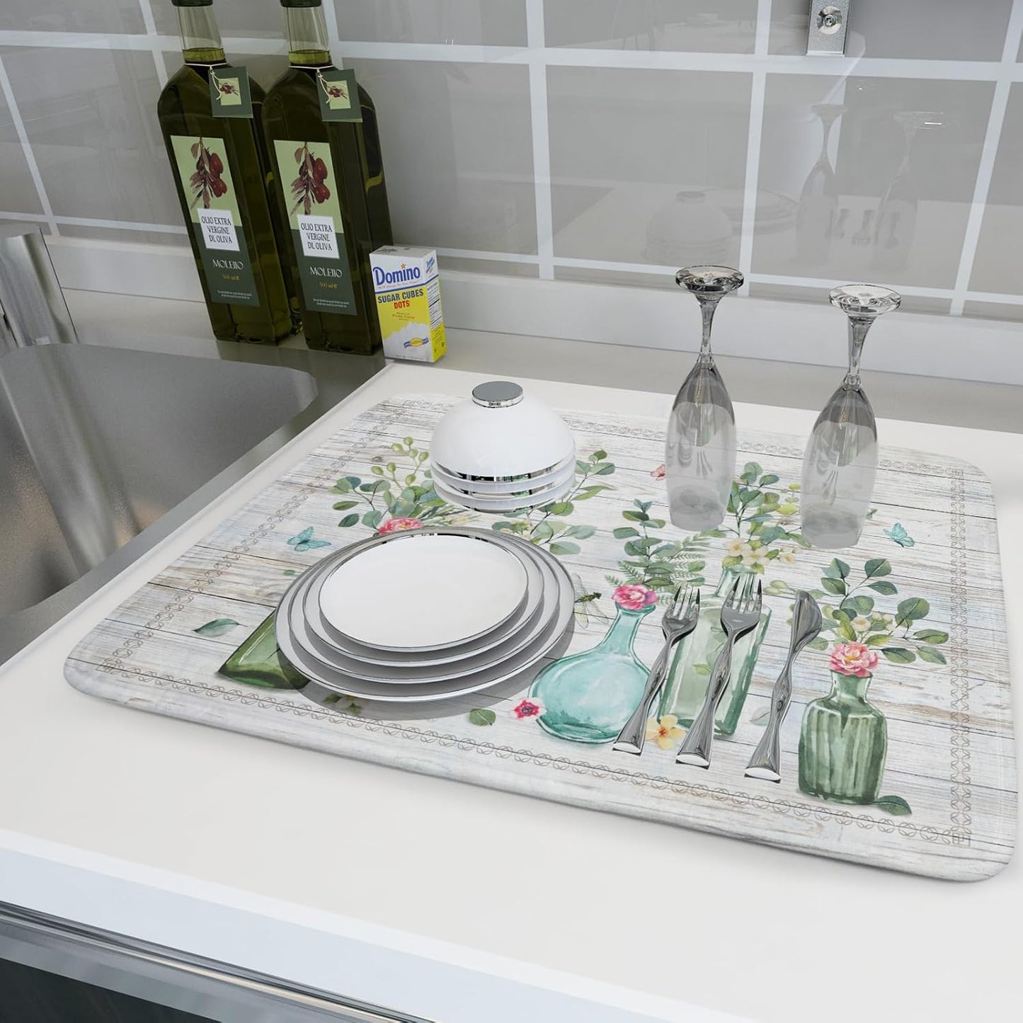 Fern Leaf Vase Dish Drying Mat 18x24 Inch Eucalyptus Leaves Microfiber Absorbent Dish Drainer Mat Reversible Drying Pad for Kitchen Counter Sink