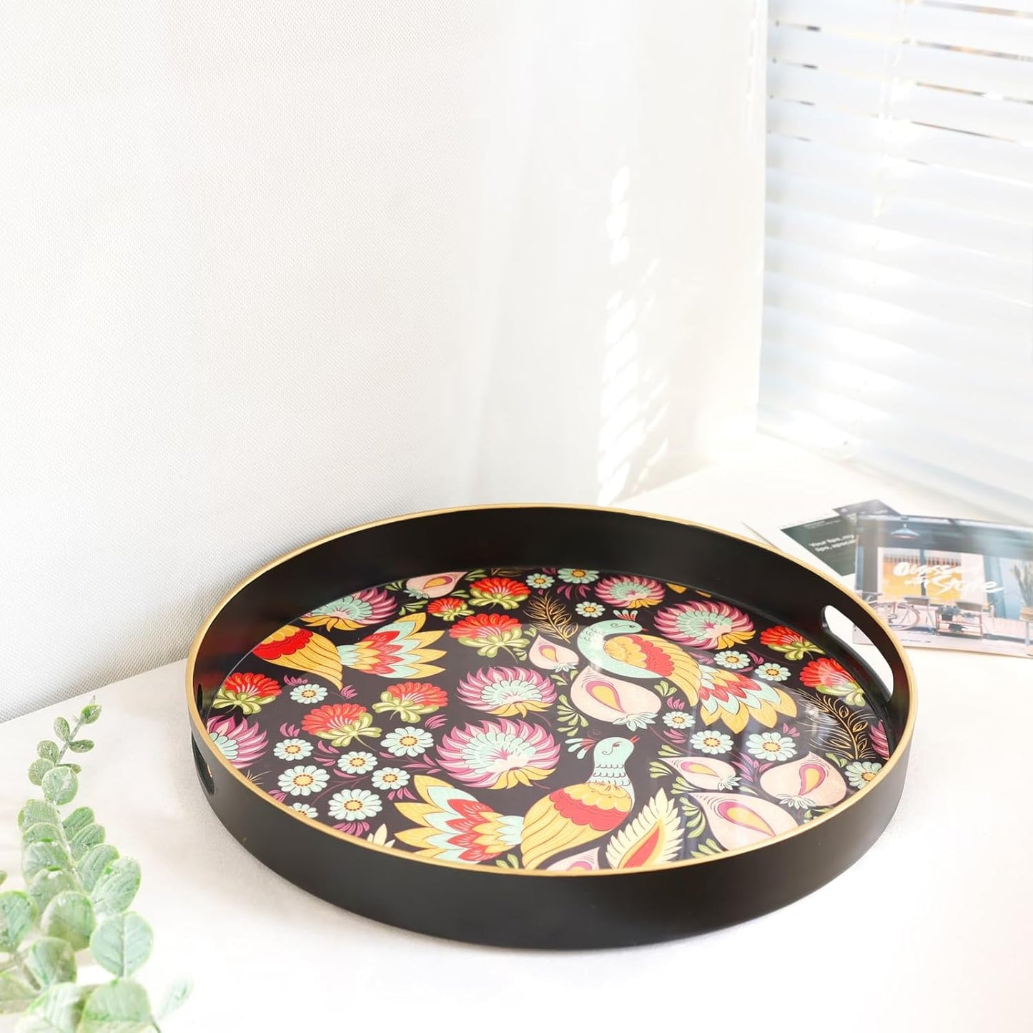 Spsyrine Decorative Serving Tray with Handles, Lacquered Coffee Table Tray for Ottoman, Round Waterproof Platters for Centerpieces, Parties, Living Room, Kitchen Counter Organization Peacock
