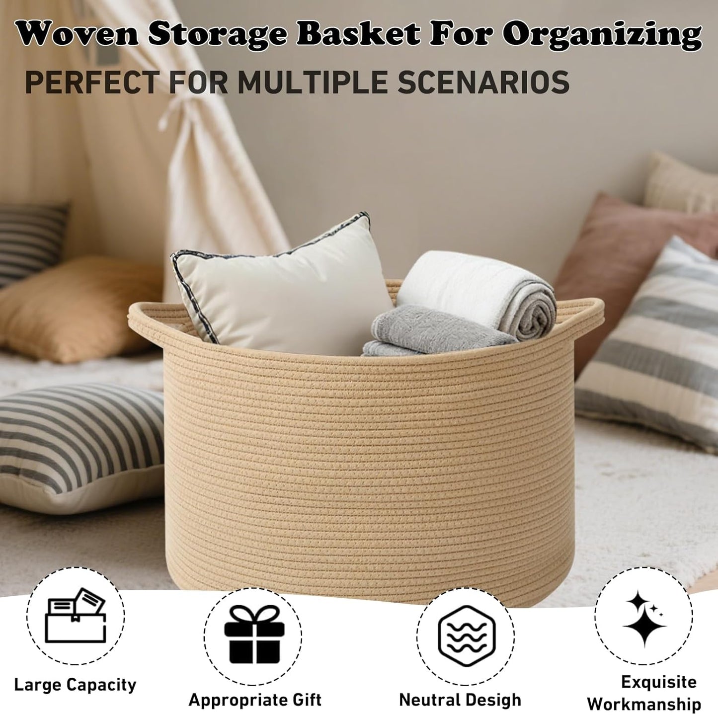Large Blanket Basket for Organizing,65L Closet Organizers and Storage Bins Box for Shelves Woven Rope Storage Baskets,Living Room,Bedroom,Dorm,Laundry room (Camel)