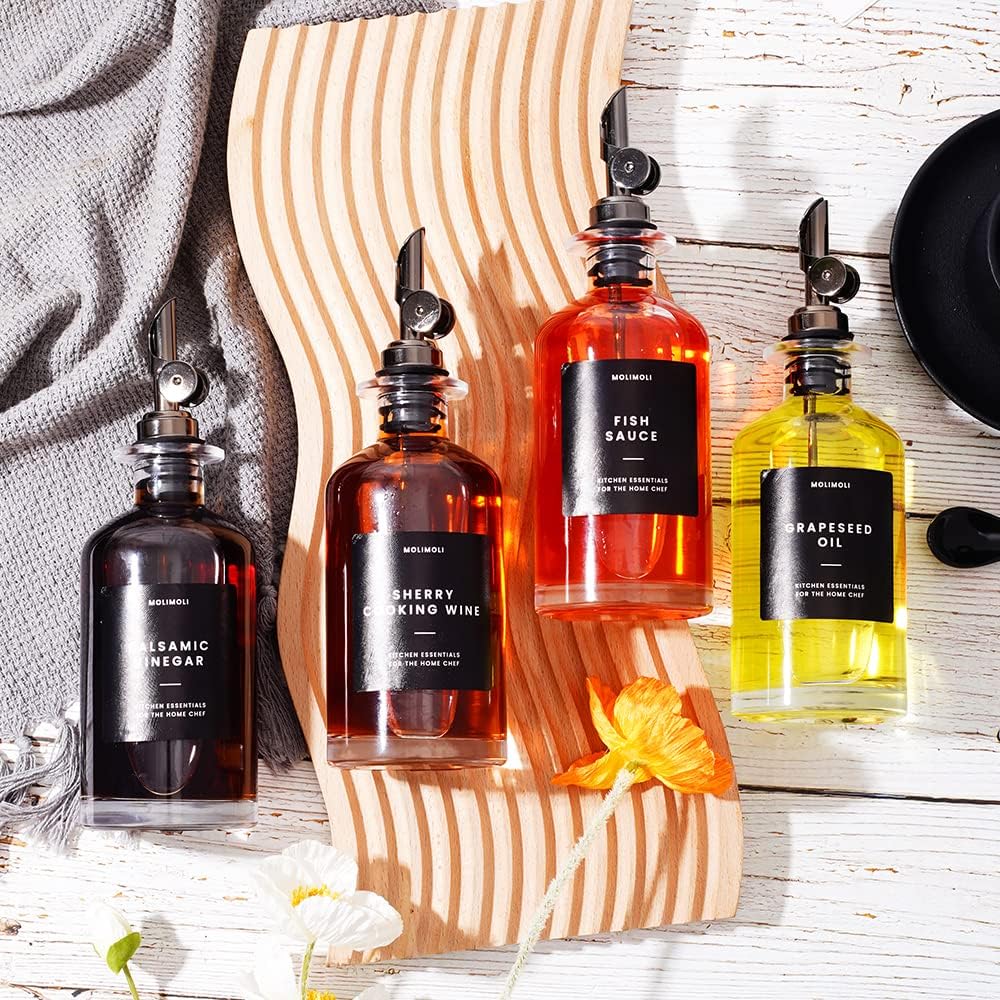 Molimoli Olive Oil Dispenser Bottle for Kitchen With Weighted Pourer - Glass Cruet Set of 4 | 350ml