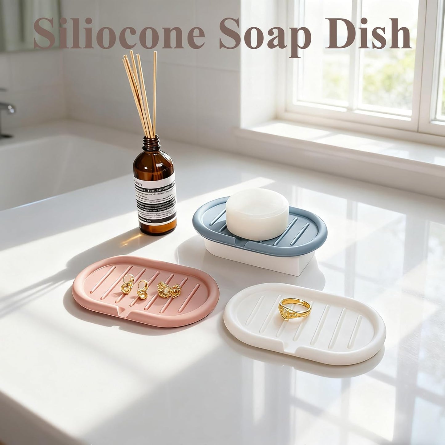 Self-Draining Oval-Shaped Silicone Soap Dish, Soap Holder/Tray/Saver for Shower, Bathroom, Kitchen, Keep Soap Dry, Easy to Clean (2, Light Color)