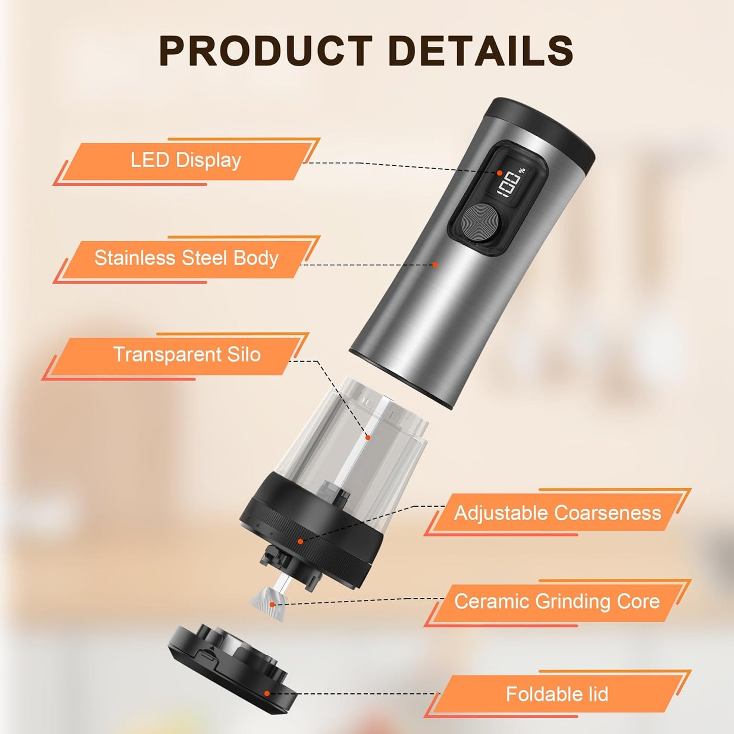 Electric Salt and Pepper Grinder Set, 2-Speed Setting, Stainless Steel Rechargeable Automatic Pepper Mill Shakers with USB Charging Base,100ml Large Capacity, External Adjustable Coarseness,LED Light