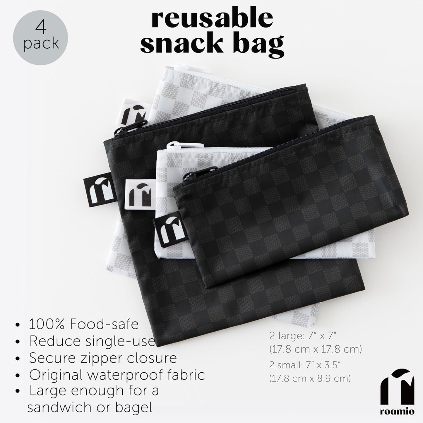 Roamio Reusable Sandwich and Snack Bags, for Kids School Lunch and for Adults Portion, Washable Fabric, Waterproof Cloth Zip Bag, Travel Pouch, Food-Safe Storage,4-pack Set Black Check and Off White