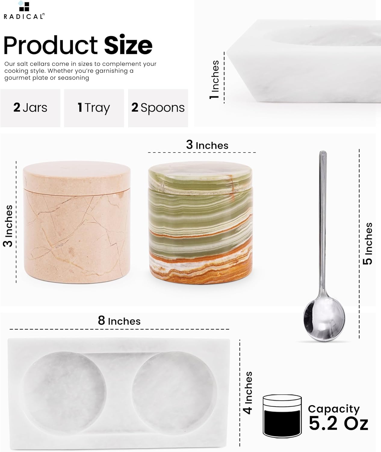 Radicaln Marble Salt Cellar With Lid and Tray 3" Inches Handmaed Verona and Green Salt Container For Kitchen Countertop, Ideal Spice Jar, Salt Bowl