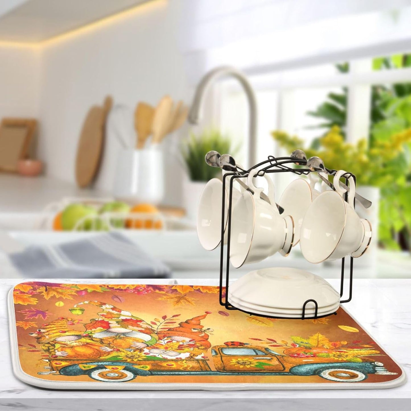 Thanksgiving Gnome Truck Autumn Dish Drying Mat for Kitchen Counter Absorbent Microfiber Drying Pad, Large 18x24 in, Maple Leaves Reversible Drainer Mats