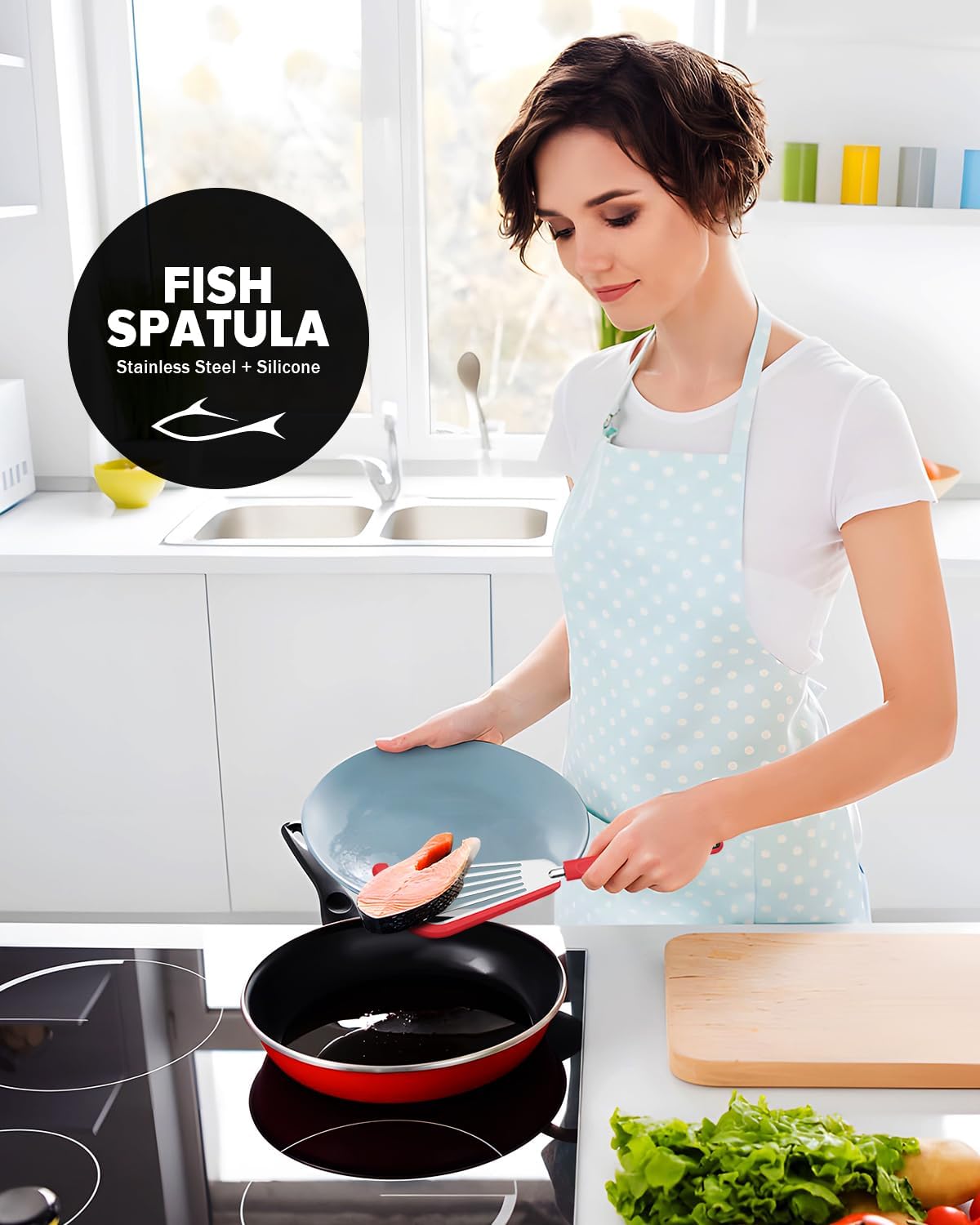 Silicone Fish Spatula Turner Set of 2, Thin Slotted Spatulas Turner for Nonstick Cookware,Heat Resistant Flexible Stainless Steel Kitchen Cooking Spatula Flipper for Fish, Egg, Pancake (RGN)