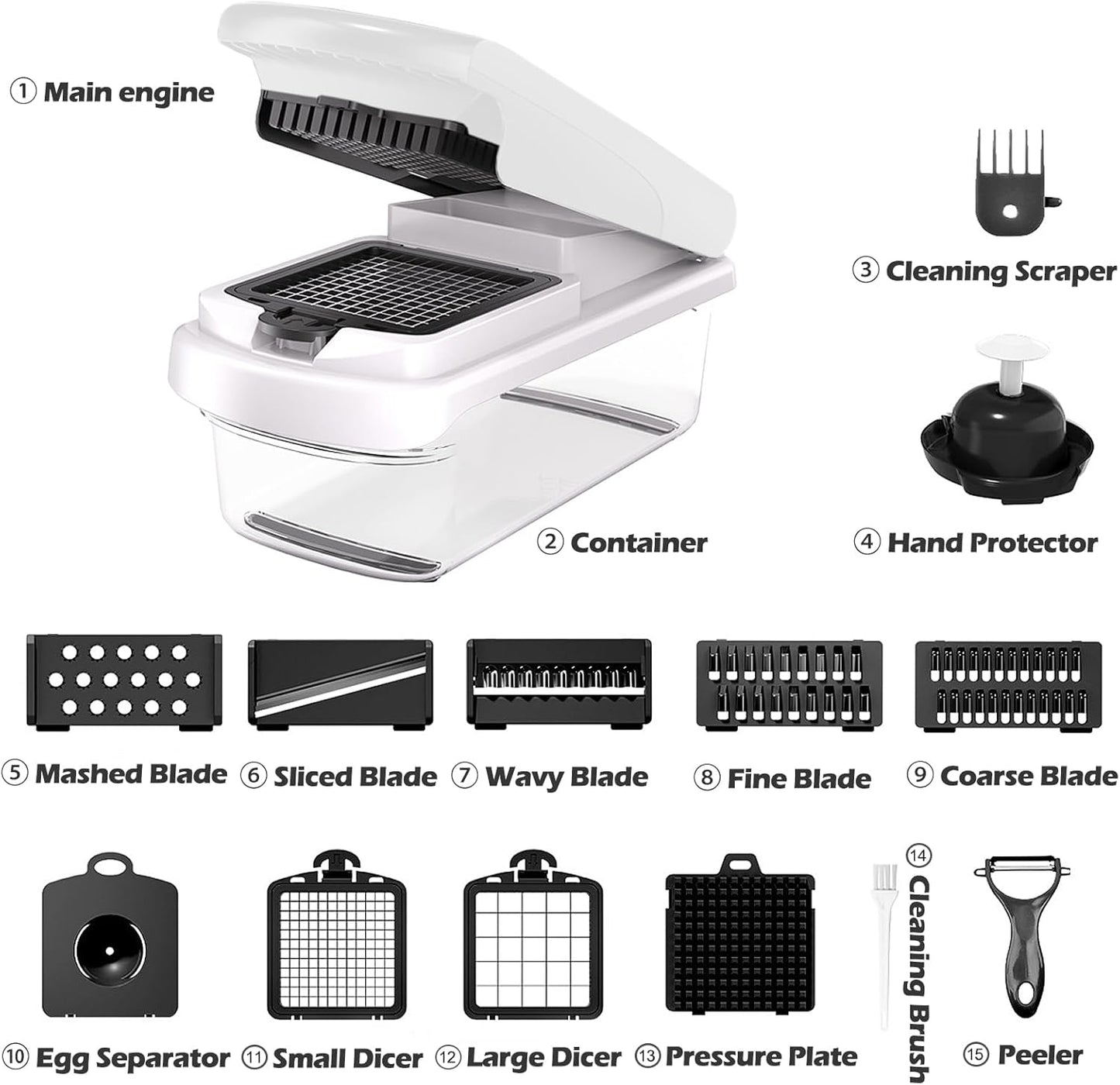 JAYVAR Vegetable Chopper for Mandoline Slicer, 15-In-1 Veggie Choppers, Cheese Grater, Onion Cutter with Container, Kitchen Gadgets Essentials, Vegetable Dicer, Onion Mincer Tomato Slicer (White)