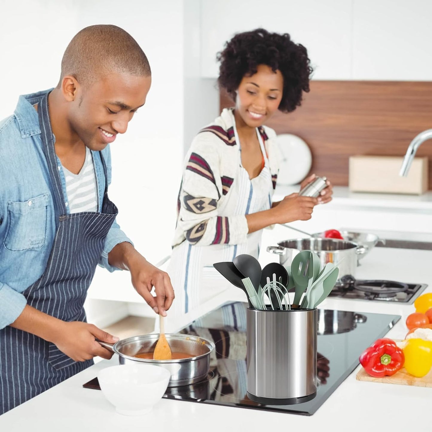 Kitchen Utensil Holder - 360° Rotating Stainless Steel Countertop Organizer for Spoons, Spatulas & Cutlery Storage, Cooking Silverware Caddy with Removable Base, Beige