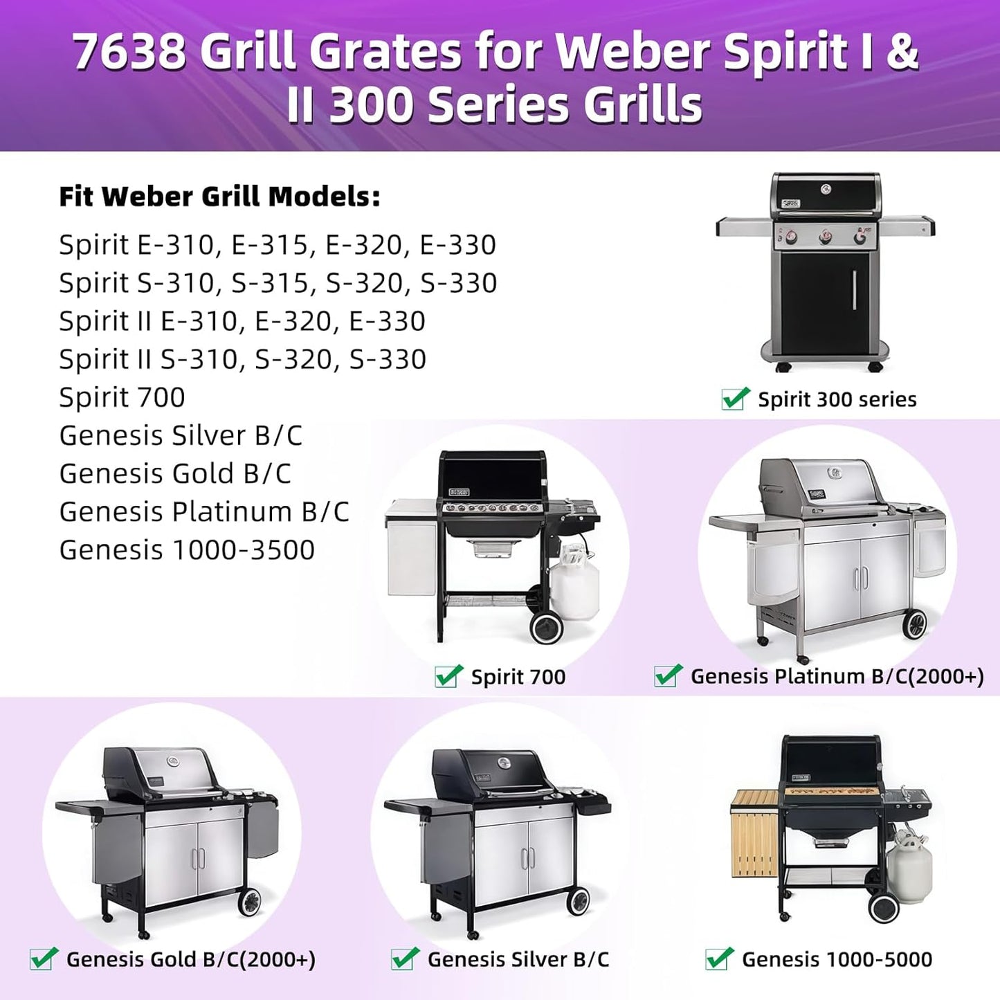 9MM 17.5" Stainless Steel Grill Grates for Weber Spirit E-310 E315 E320 E330 S310 S315 S330 GS4 Spirit 2 Grill Parts for Weber 7638, 7639 7525 Spirit 300 and Spirit II 300 Series Grills