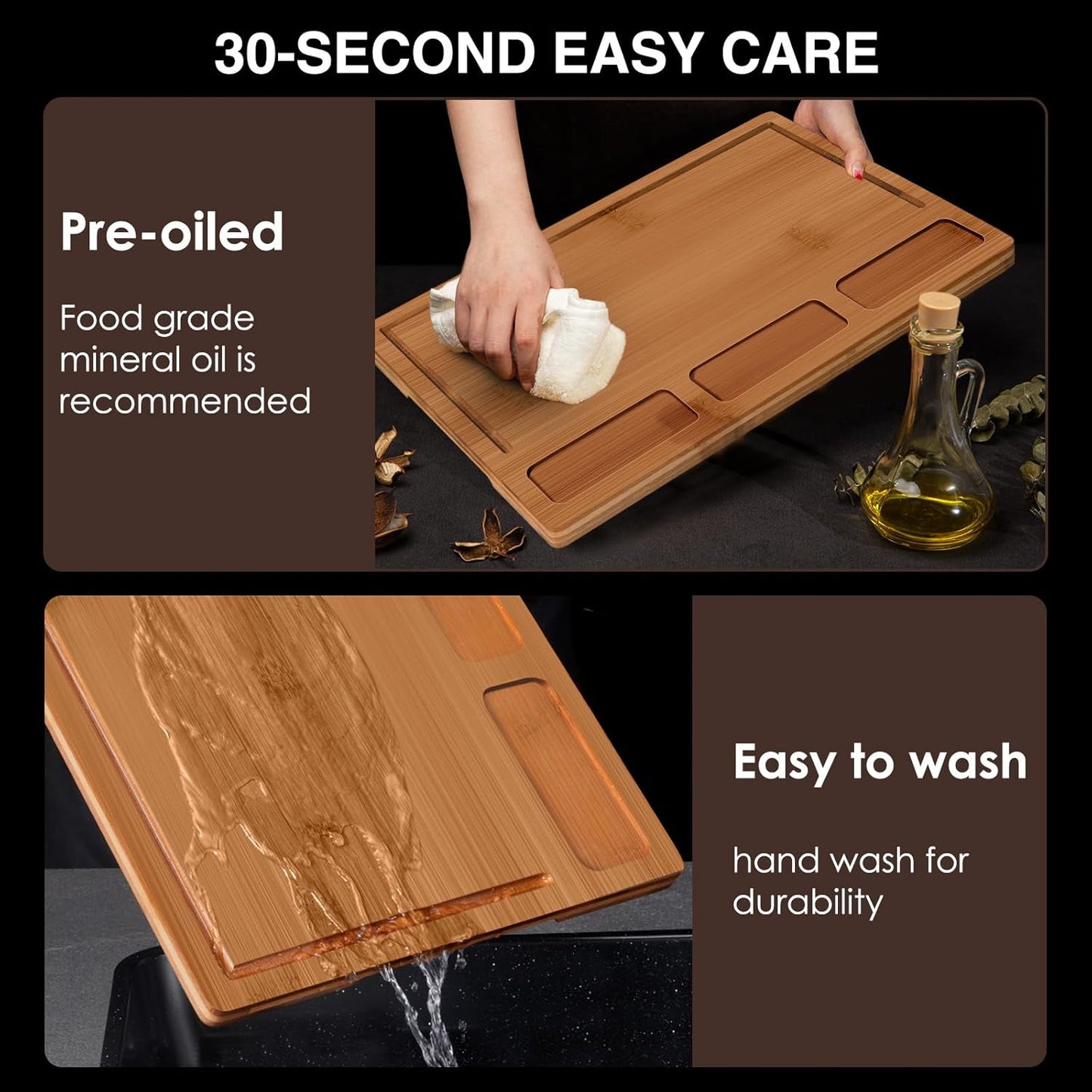 Kikcoin Bamboo Cutting Boards for Kitchen, (Set of 3) Kitchen Chopping Board with 3 Built-In Compartments and Juice Groove Heavy Duty Serving Tray Wood Butcher Block and Wooden Carving Board, Brown