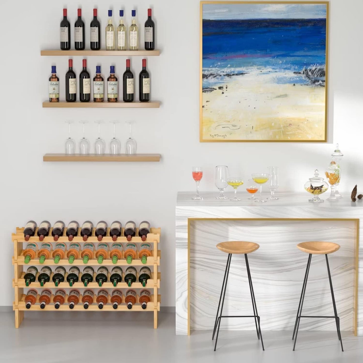 Domax Wine Rack Freestanding Floor - 36 Wine Bottle Holder, Large Stackable Wooden Storage Racks for Inside Cabinet and Countertop (Yellow)