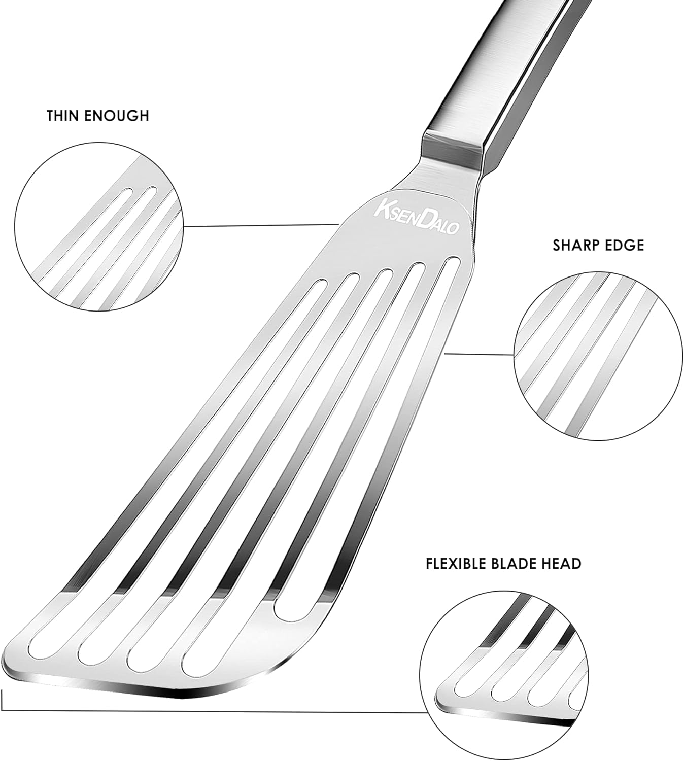 KSENDALO Thin Fish Spatula Stainless Steel -Flexible Slotted Egg Flipper with Angled Blade & Comfortable Hollow Grip, Metal Turner for Fish Egg Omelettes Pancakes, All Cookware, Dishwasher Safe