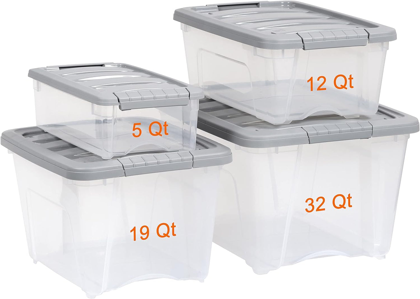 Amazon Basics Plastic Storage Containers with Secure Latching Lids, Stackable Organization Bins, 32 Quart, Set of 6, Clear/Grey