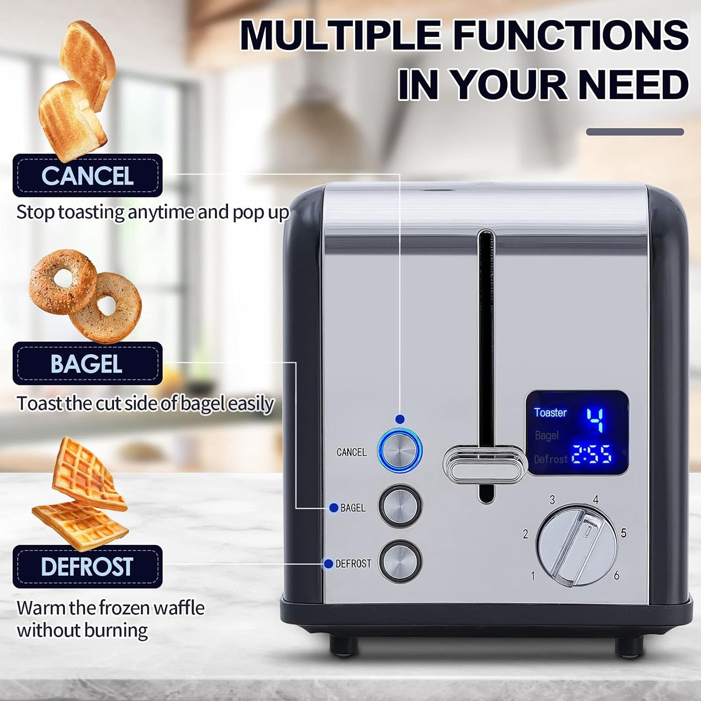 CUSIMAX Stainless Steel 2 Slice Toaster with LED Display, Extra-wide Slots, 6 Browning Settings, Cancel/Bagel/Defrost, Removable Crumb Tray, Black