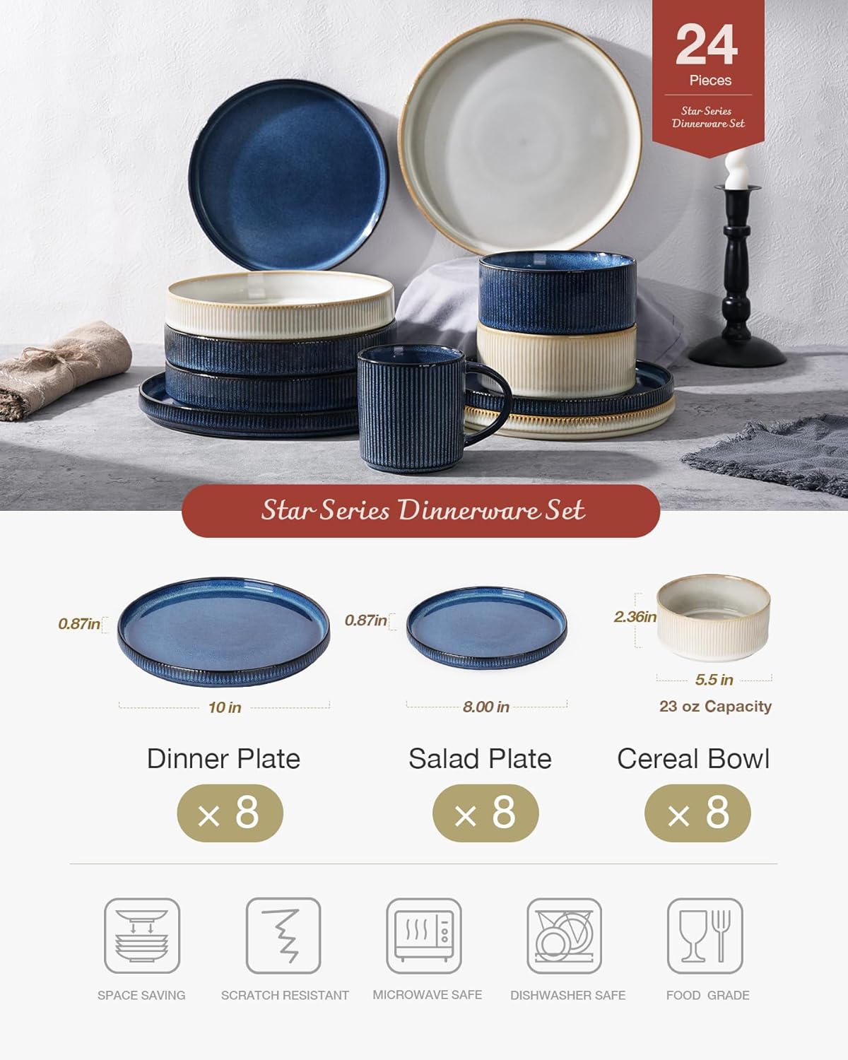 Famiware Star Dinnerware Set, Plates and Bowls Sets for 8 (24pcs), Ribbed Stoneware Dishes - Chip & Scratch Resistant, Microwave & Dishwasher Safe, Multicolor - Cappuccino White & Nebulas Blue
