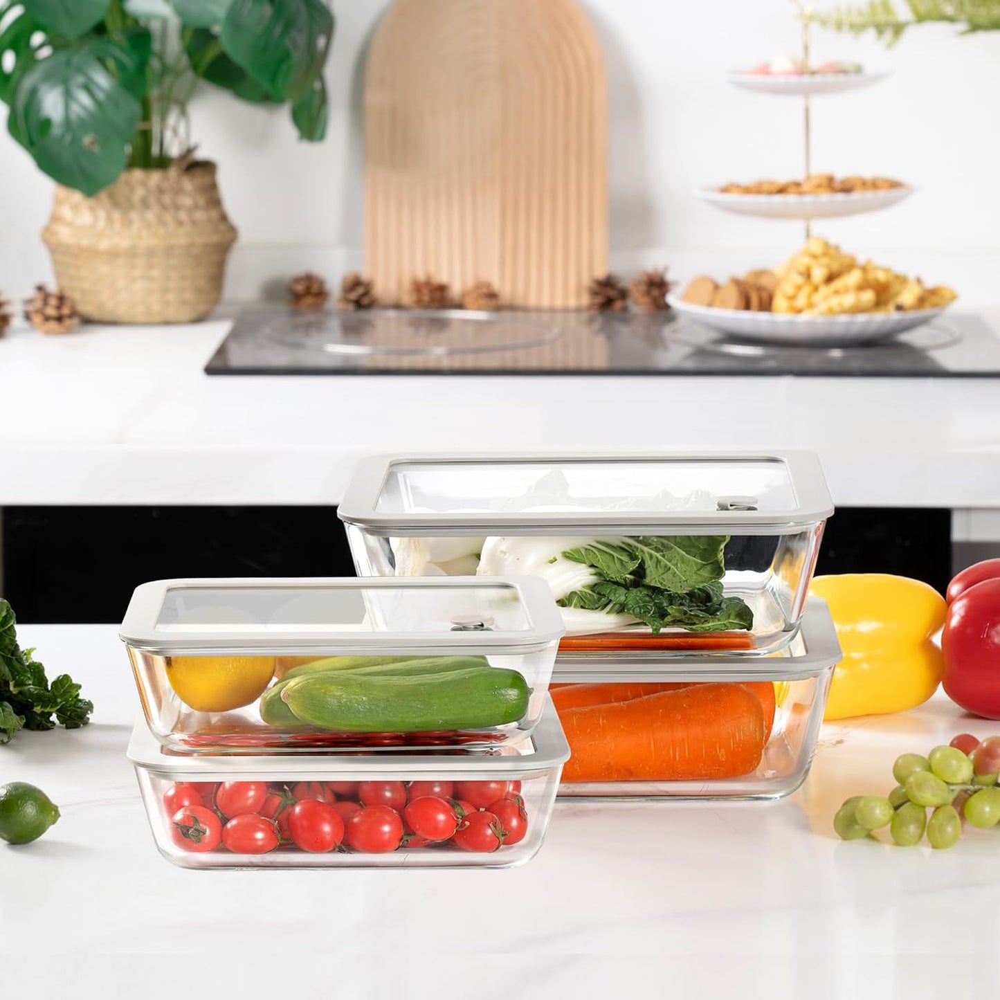 Glass Food Containers with Glass Lid, Microwave Safe Food Storage Container Set, 2 Pack of 87oz, Large Size Airtight Storage Set with Leak Proof Lids, Meal Prep Containers