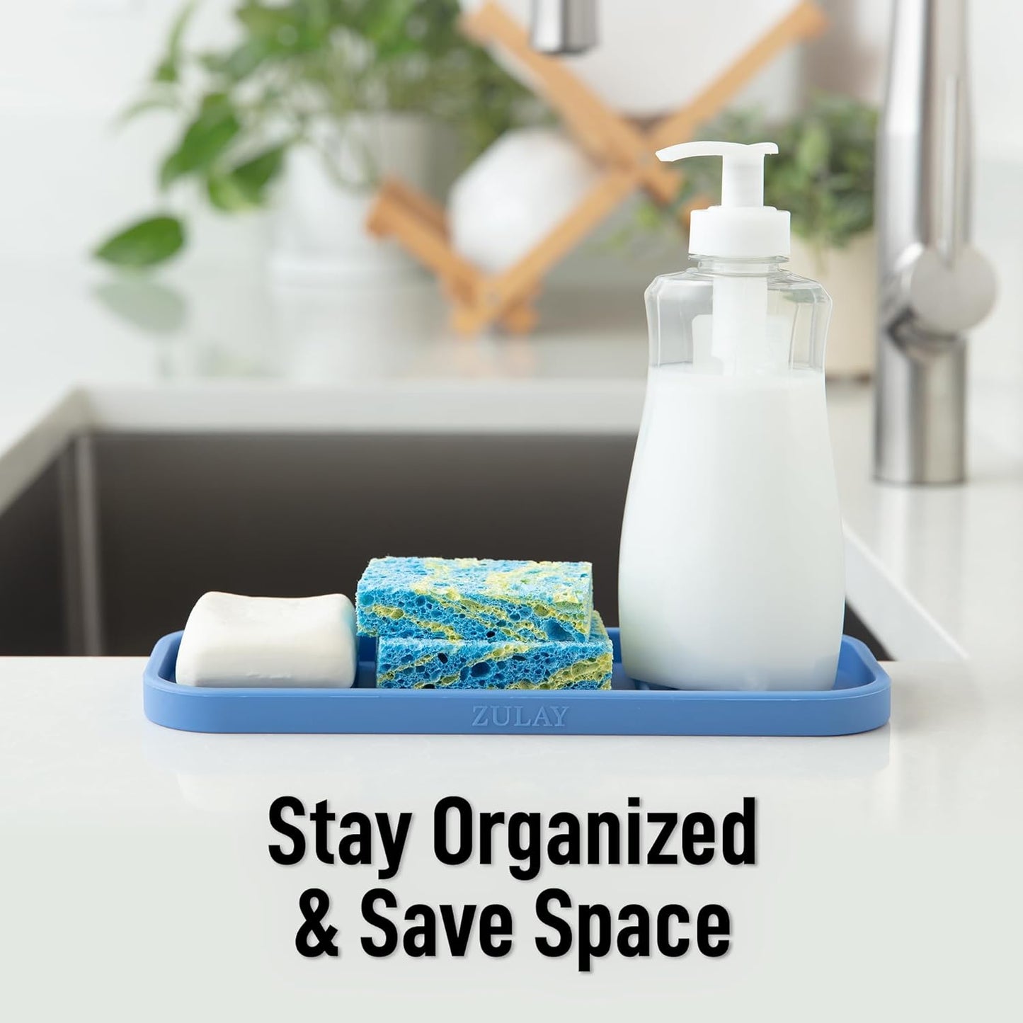Zulay Kitchen (9x3.5) Silicone Sponge Holder for Kitchen Sink - Flexible Multipurpose Soap Tray Sponge Holder - Sink Organizer Tray for, Bathroom, Makeup, Trinkets & More (Provence Blue)