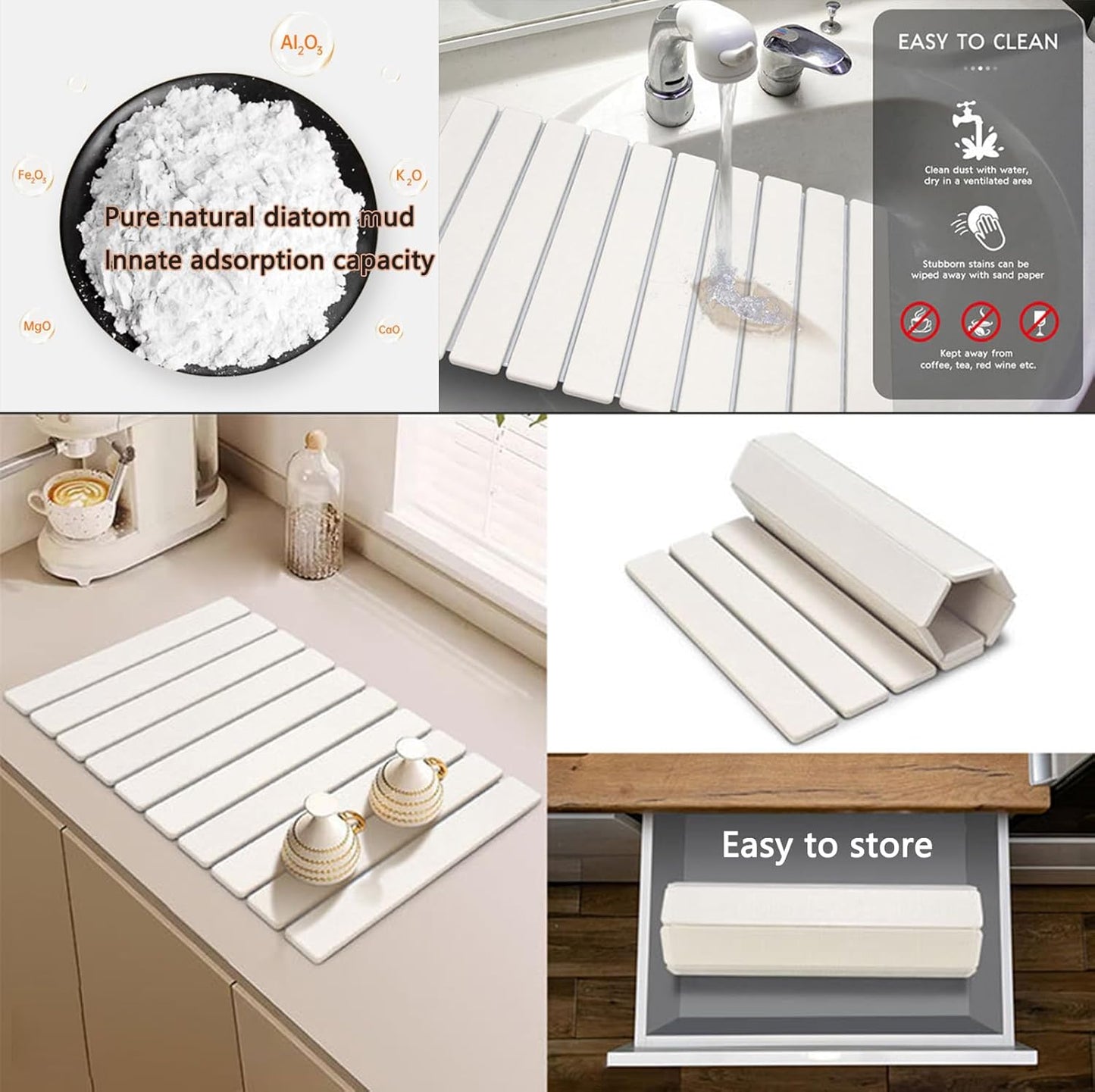 Stone Drying Mat for Kitchen Counter, Stone Dish Drying Mat Foldable, Super Absorbent Diatomaceous Earth Quick-drying Draining Mat for any Kitchen Countertop (White B, 23.6”x15.4”)