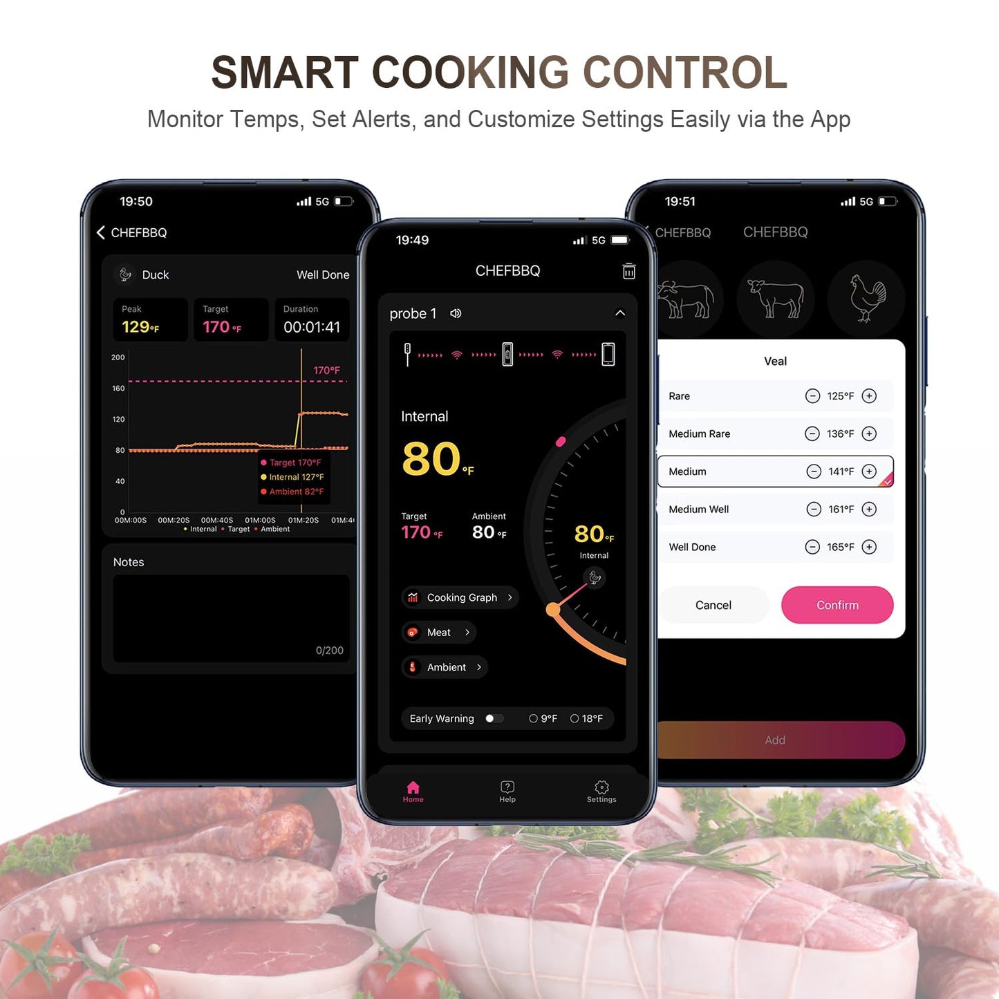 Wireless Smart Meat Thermometer with Dual-Sensor Probe, 500FT Remote Monitoring, Dedicated App, Real-Time Ambient and Food Temperature Tracking for Precise Cooking Control