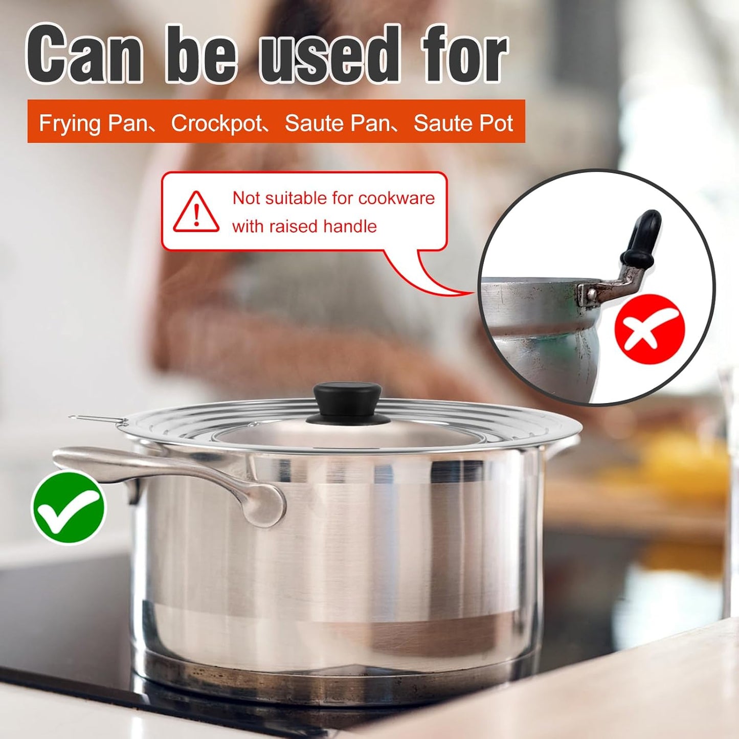 Universal Lids with Tempered Glass Top Fits 6, 7, 8 & 8.2, 9, 10, 11, 12, 12.5 Inch Cookware, Replacement Frying Pan Cover for Pots, Pans and Skillets, Cast Iron Lids for Space Saving