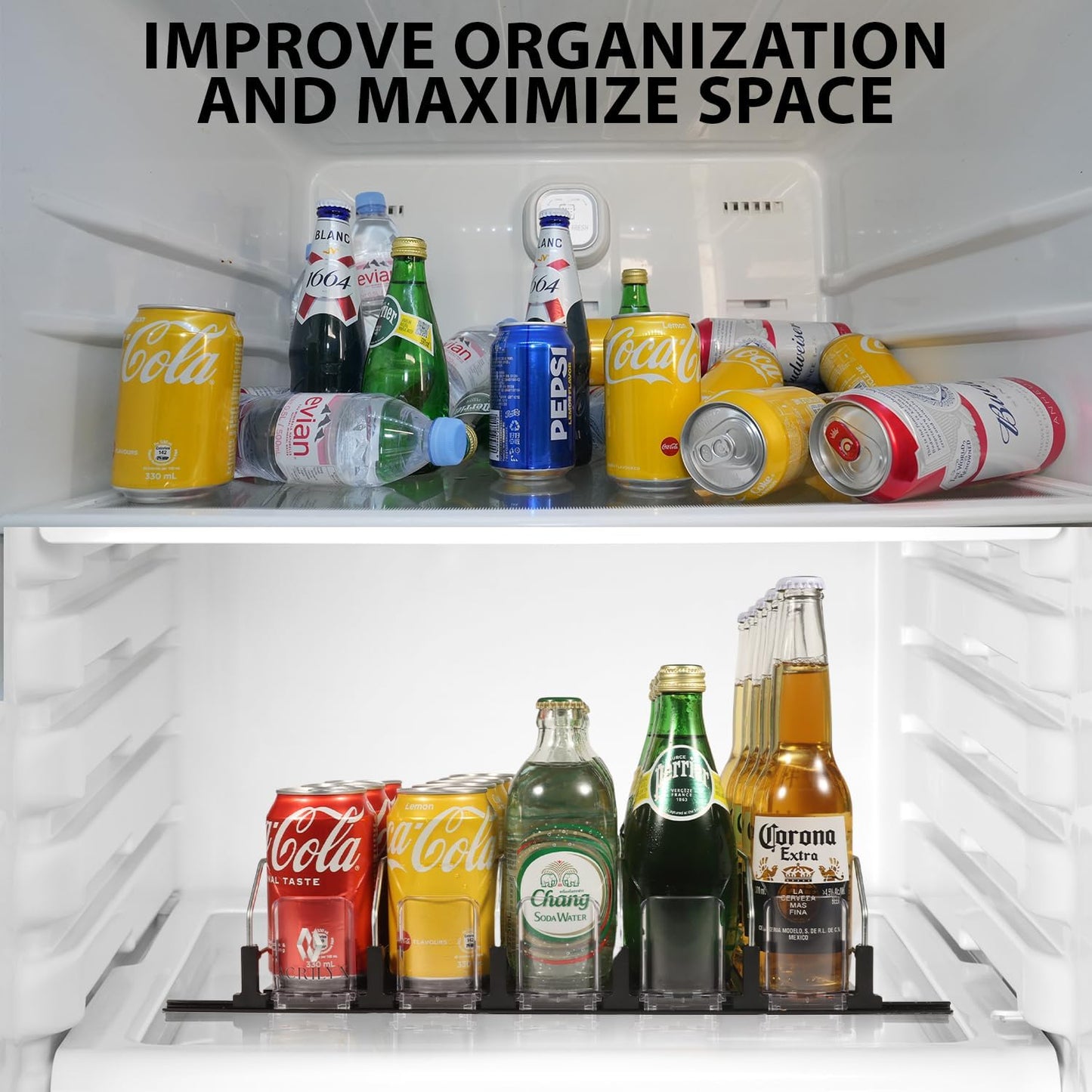 Upgraded Drink Organizer for Fridge – Adjustable Width Soda Can Organizer with Automatic Glide, Space-Saving Refrigerator Can Dispenser Holds Up to 25 Cans – Drink Holder for Fridge (5 Rows, Black)