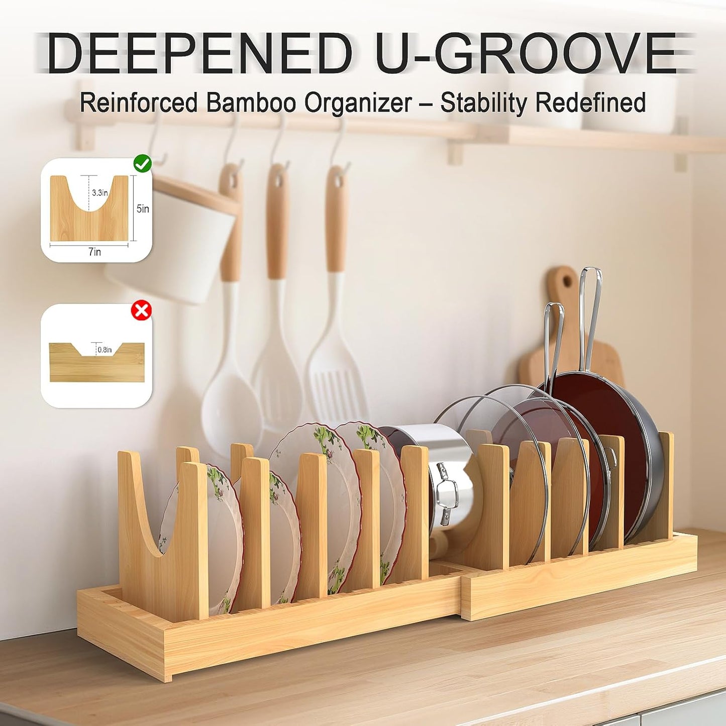 Bamboo Expandable Pot and Pan Organizer Under Cabinet,2-in-1 Kitchen Cabinet Organizer with Adjustable 10 Dividers, Non-Slip Base for Pot Lids Holder, Cutting Board Organizers for Kitchen Storage