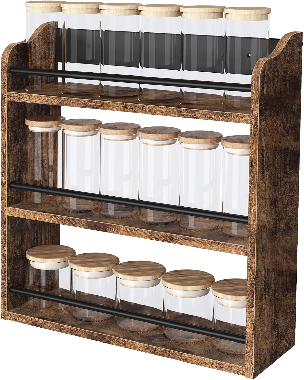 Spice Rack Wall Mounted, Wood 3 Tier Spice Rack for Countertop, Vertical Spice Organizer for Spice Jars and Seasonings, Hanging Spice Shelf for Kitchen Cabinet, or Pantry, Rustic Brown