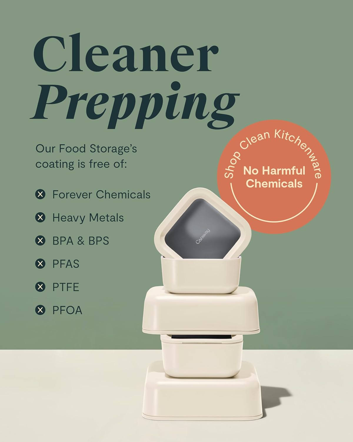 Caraway Glass Food Storage, 10 Cup Glass Container,Ceramic Coated Food Container,Easy to Store, Non Toxic, Non Stick Lunch Box Container with Glass Lids. Dishwasher, Oven,Square Shape,Cream