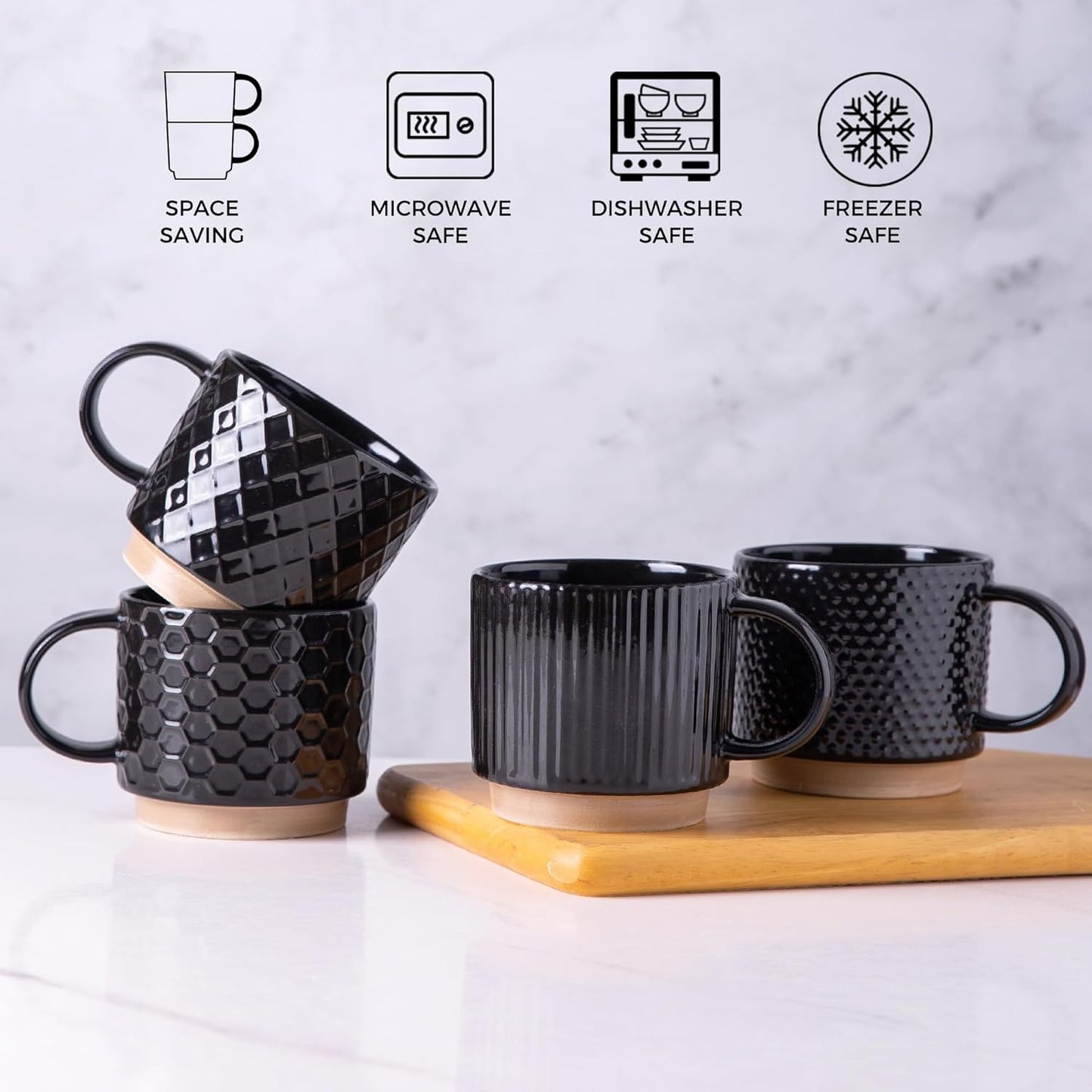 GBHOME 15OZ Stackable Coffee Mugs, Ceramic Coffee Mugs with Texture Patterns for Man,Woman,Dad,Mom, Modern Coffee Cups Set of 4 for Latte/Cappuccino/Cocoa. Dishwasher&Microwave Safe,Black