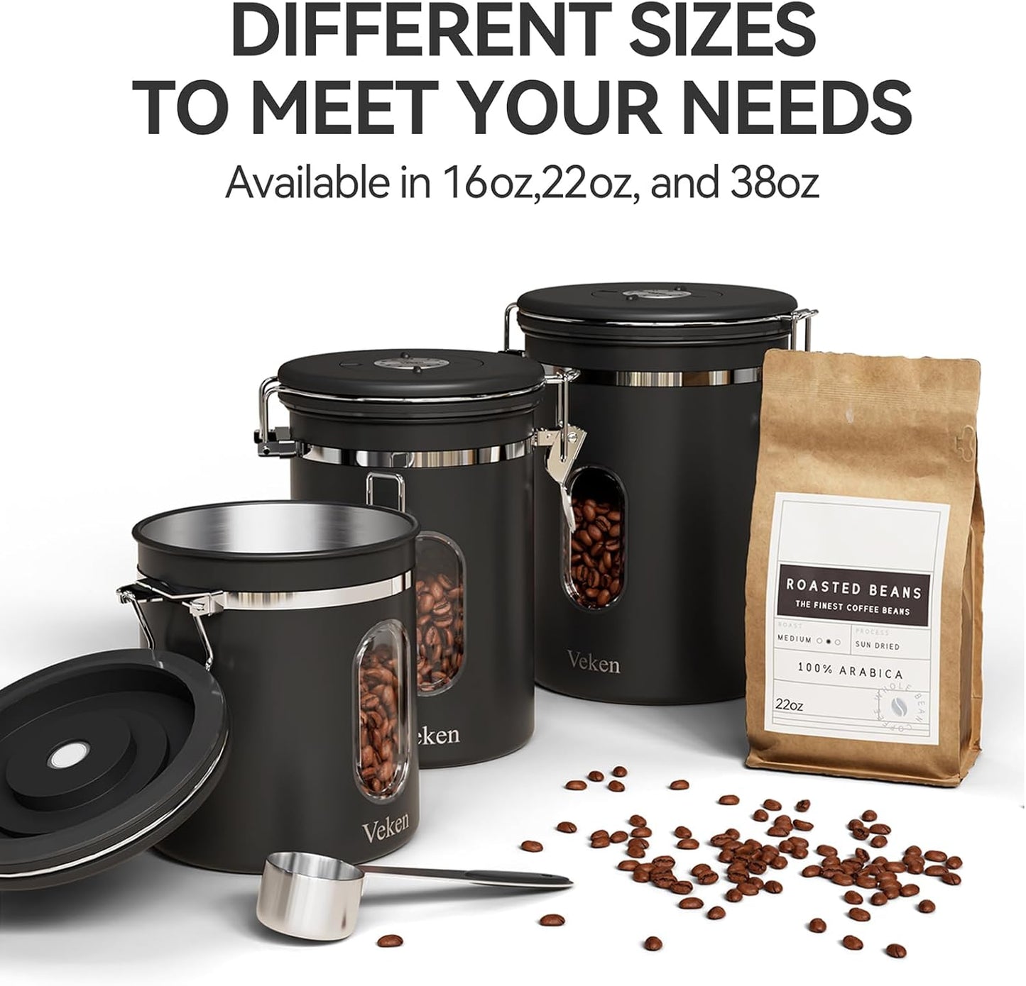 Veken Coffee Canister with Window, Airtight Stainless Steel Kitchen Food Storage Container with Date Tracker and Scoop for Grounds Coffee, Beans, Tea, Flour, Cereal, Sugar, 22&16OZ,Black
