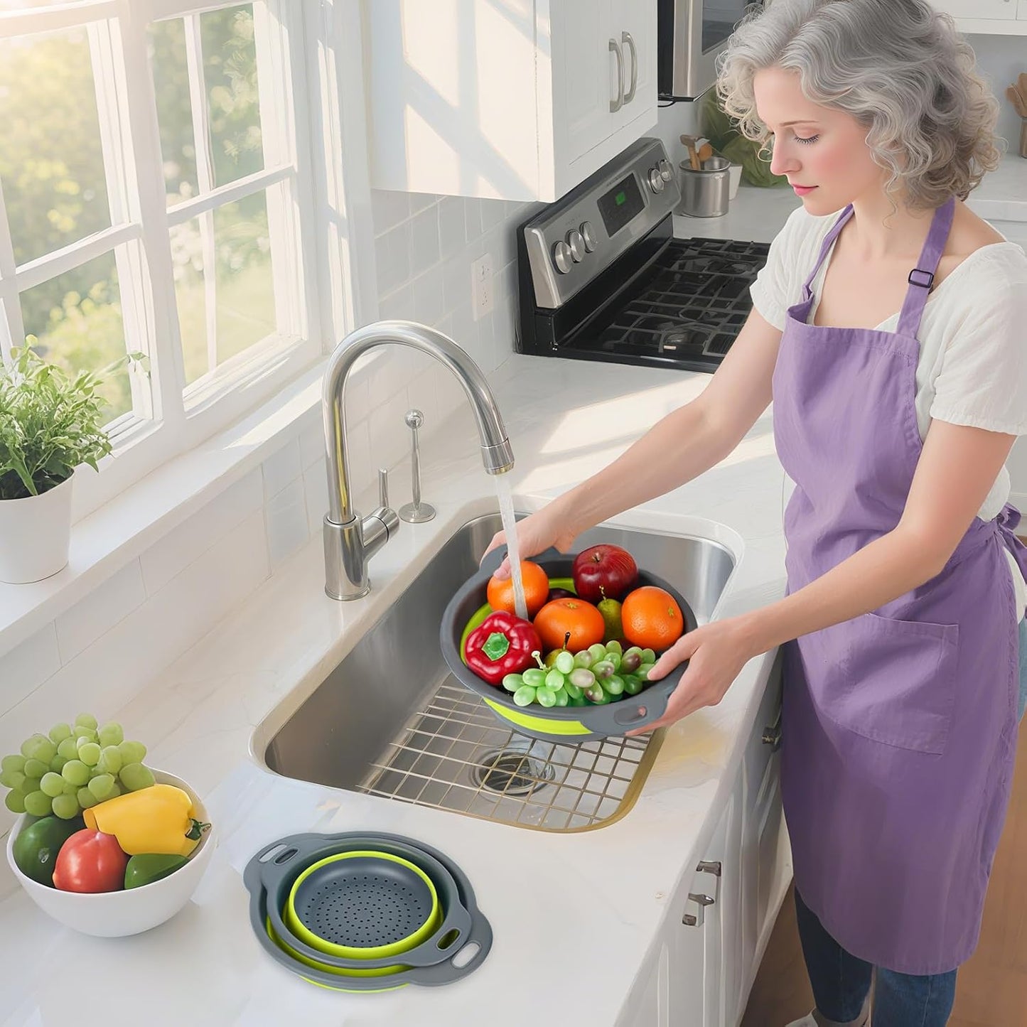 Collapsible Colander 3-Pack Set Space-Saving Foldable Kitchen Strainer with Non-Slip Base Durable Thickened PP+TPE Collapsible Strainers for Pasta, Vegetables, Fruits (Gray-Green)