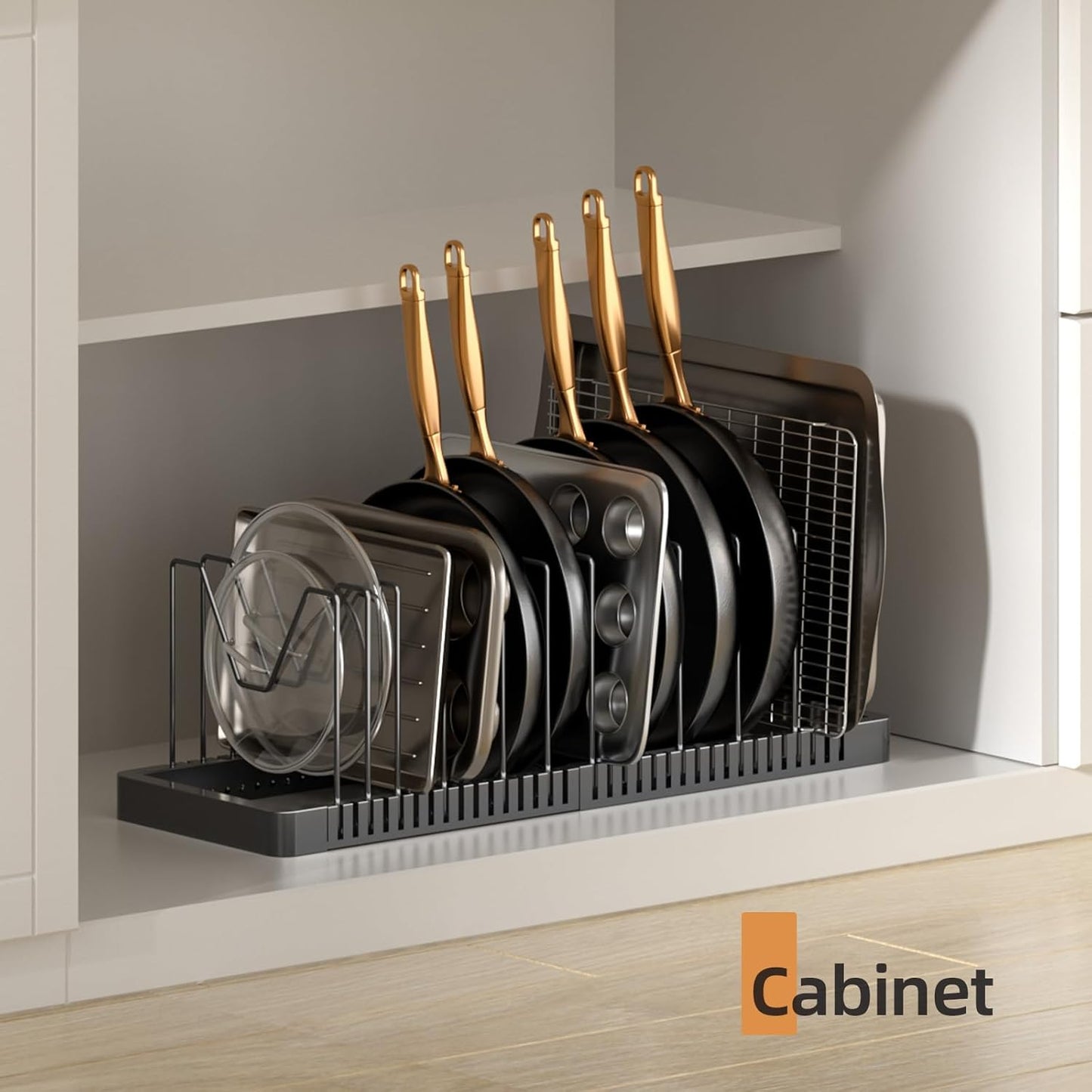 Pots and Pans Organizer under Cabinet, Expandable Pot Lid Organizer Holder with 12 Adjustable Compartment, Pan Organizers inside Cabinet for Lids, Bakeware, Kitchen Storage Pot Rack, Black