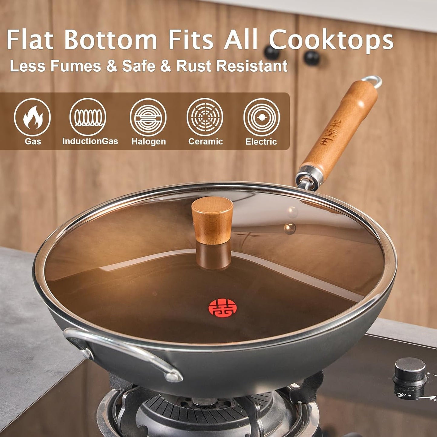 WANGYUANJI Carbon Steel Wok Pan, 13.4" Woks & Stir-Fry Pans with Glass Lid No Chemical Coated Flat Bottom Iron Wok for Induction, Electric, Gas, Halogen All Stoves