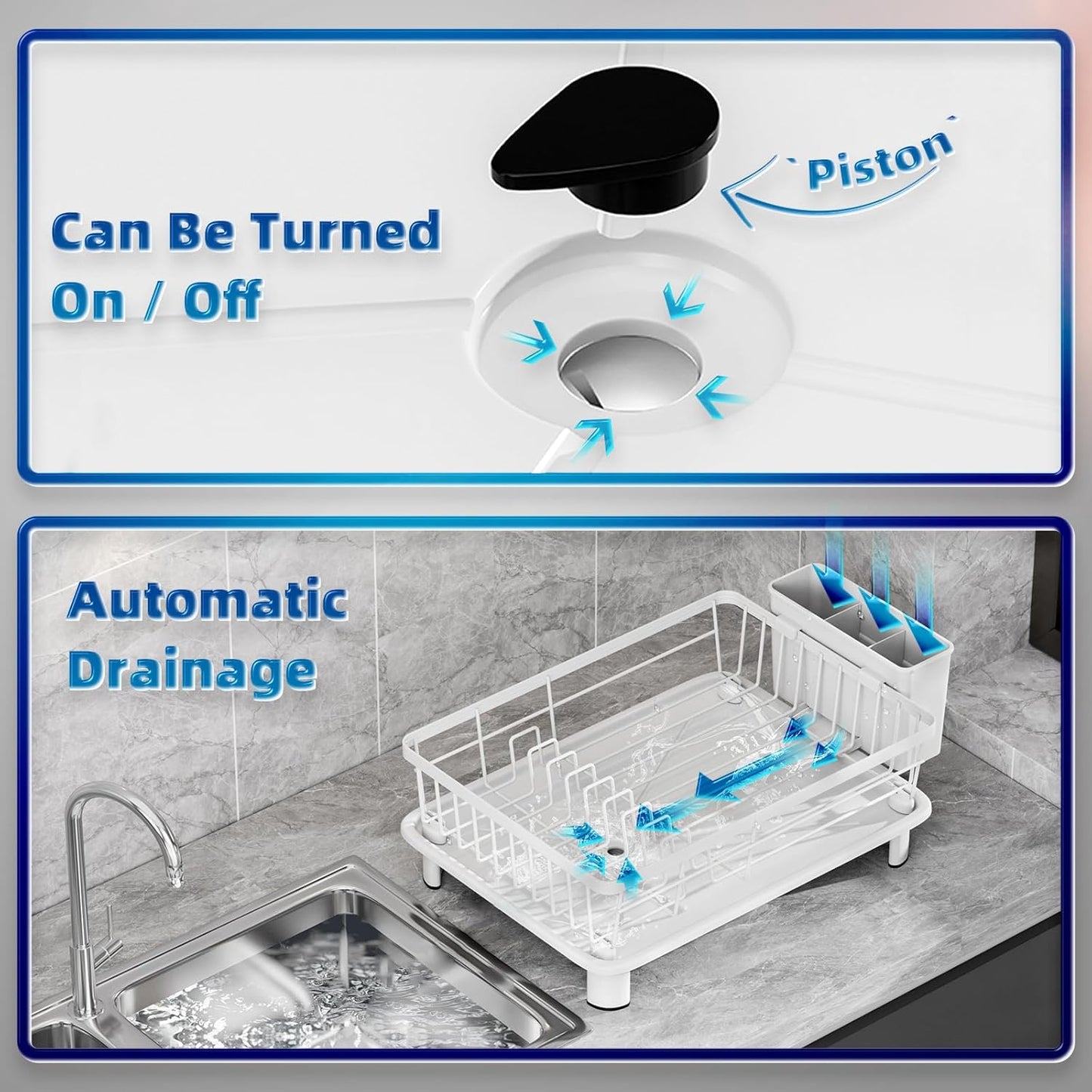Dish Drying Rack, Space-Saving Dish Rack, Dish Racks for Kitchen Counter, Drying Rack Kitchen with Removable Utensil Holder, and Automatic Drainage Drainboard, 11''W x 15''L, White