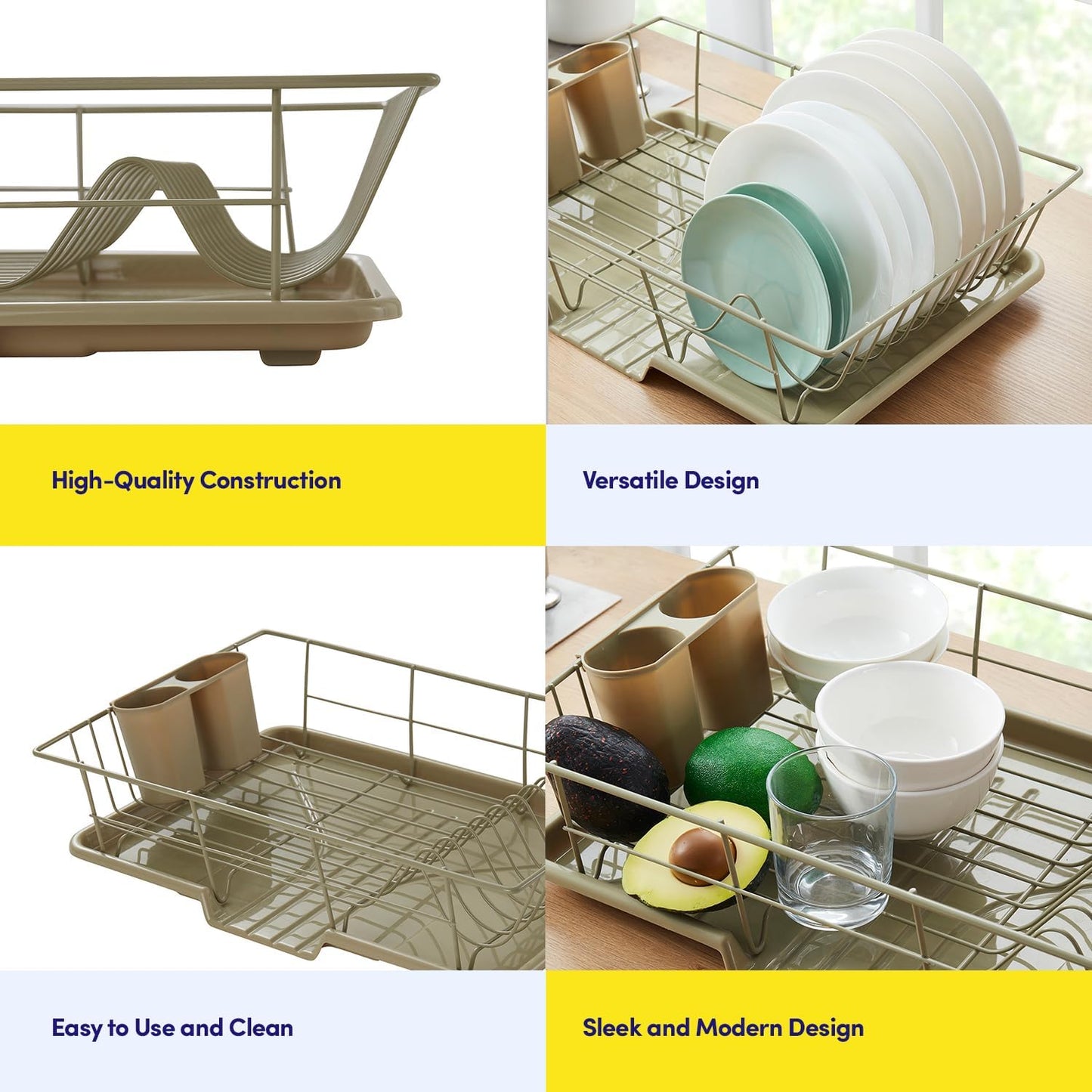 Space-Saving 3-Piece Dish Drainer Rack Set: Efficient Kitchen Organizer for Quick Drying and Storage - Includes Cutlery Holder and Drainboard - Maximize Countertop Space, Sage Green