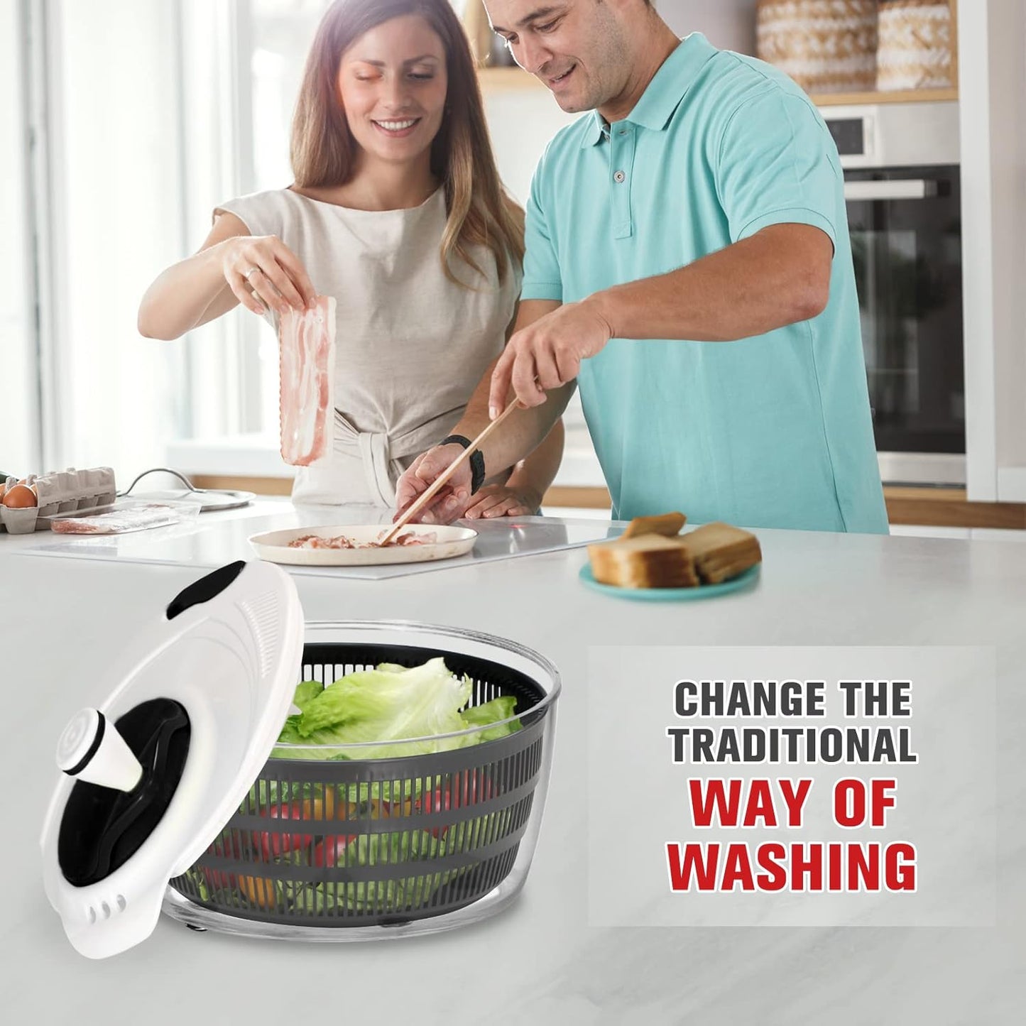 Smile mom Salad Spinner Large Lettuce Spinner Kitchen Gadgets, Large Salad Spinner Vegetable Washer, High Efficiency for Home Kitchen Washing & Drying Leafy Vegetables With Rotary Handle 4.2Qt Black