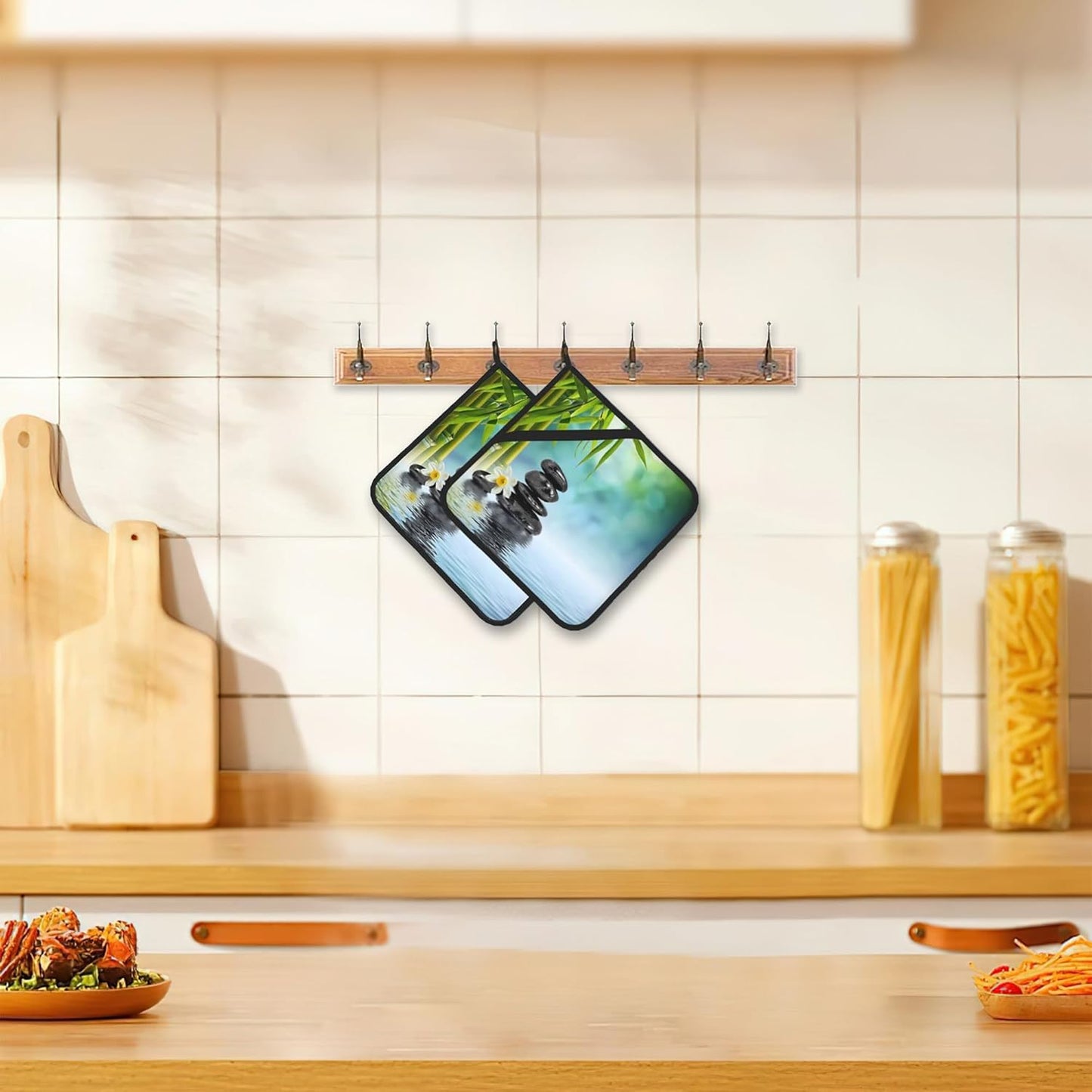 Zen Spa Pot Holder Set of 2,Green Flower Kitchen Heat Resistant Potholder for Women Men BBQ Cooking Baking