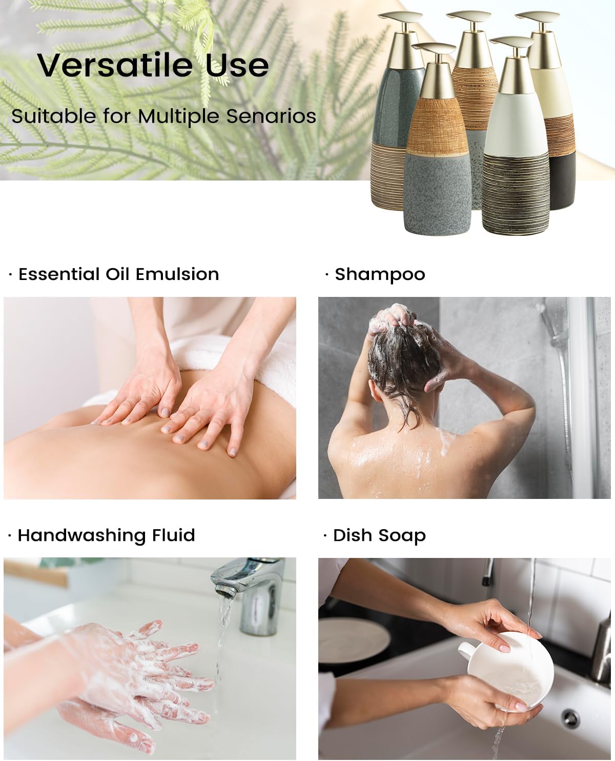 Dish Soap Dispenser Ceramic Liquid Dispenser for Bathroom Hand Soap Bottle with Pump, 12oz Refillable Liquid Bottle for Body Wash, Shower Gel, White