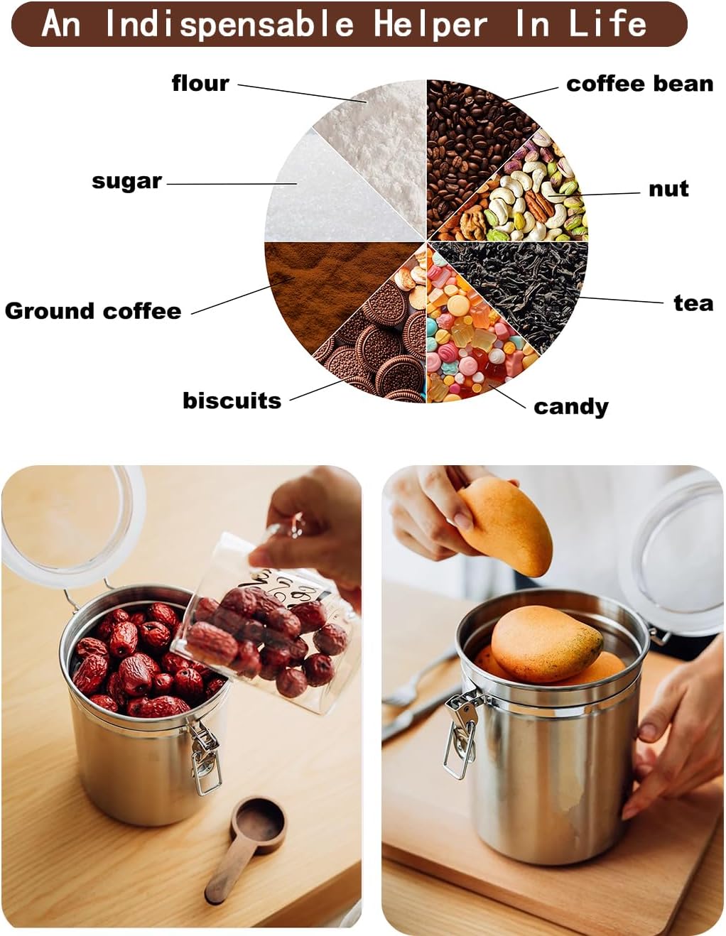 Coffee Canister 4 Pcs Stainless Steel Food Container with Clear Lids Airtight Container Stackable Canisters Kitchen Pantry Storage for Cereal, Snacks, Candy, Herbs, Spices, Sugar, Tea (1.8L Silver-4)